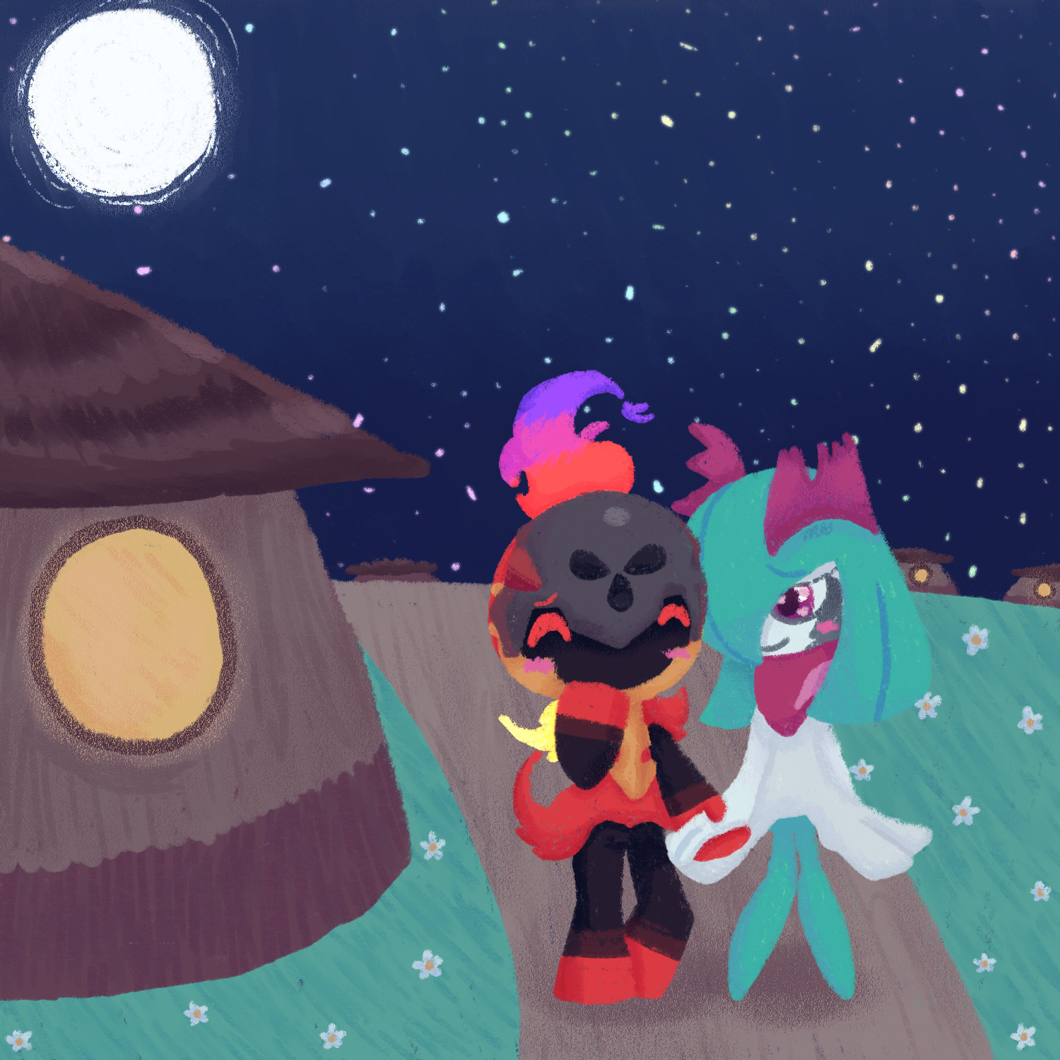 An image of Equinox as a Kirlia holding hands with Charcadet at night with a full moon as they walk her home through a town. They are both very happy.