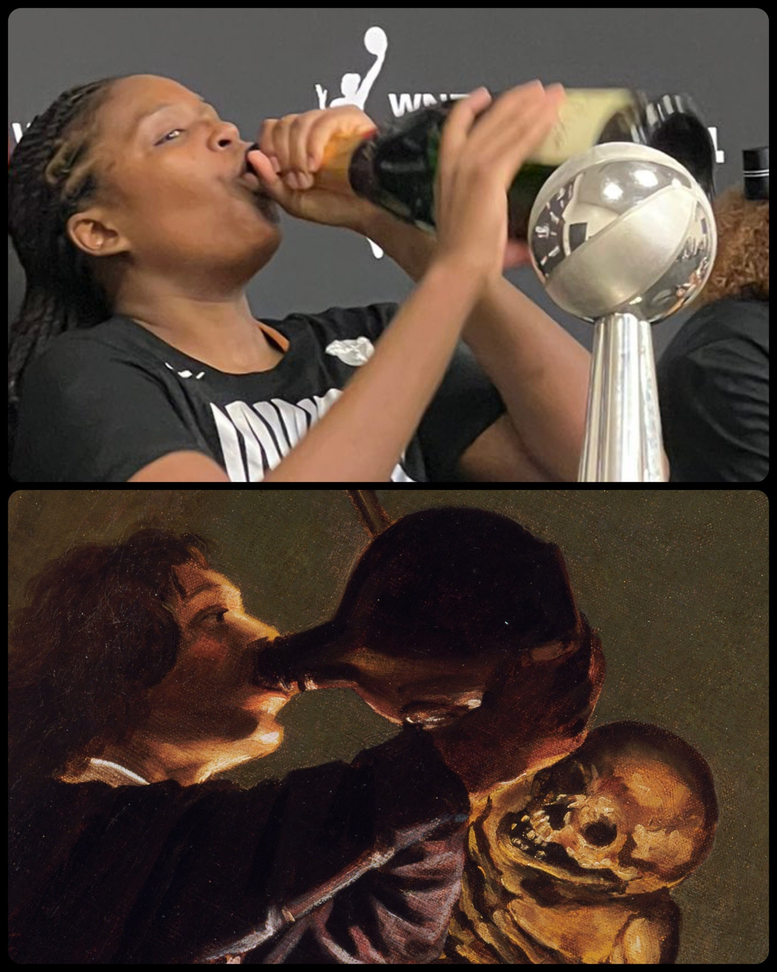 Liberty win the WNBA championship and Jonquel Jones chugs to celebrate 