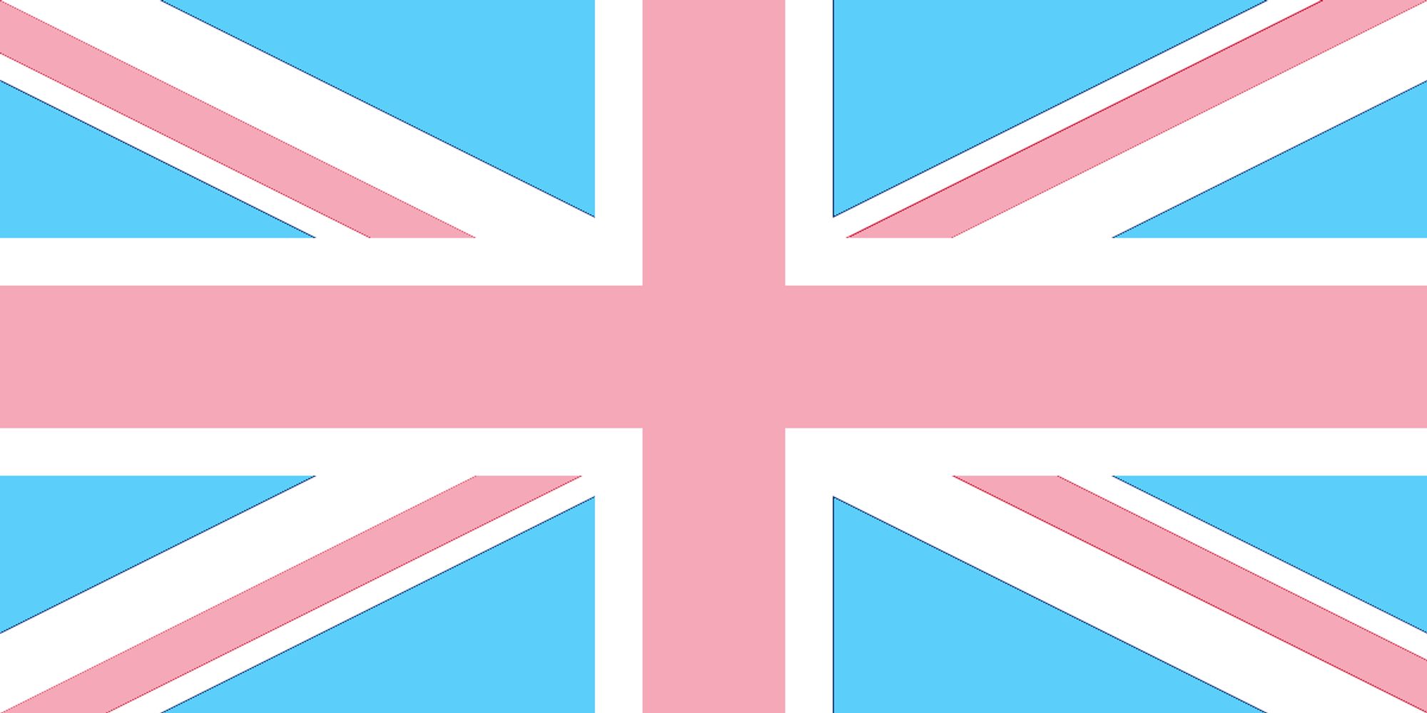 The Union Jack with the crimson red and deep blue replaced with the pink and baby blue so it contains the pink blue and white of the trans pride flag.