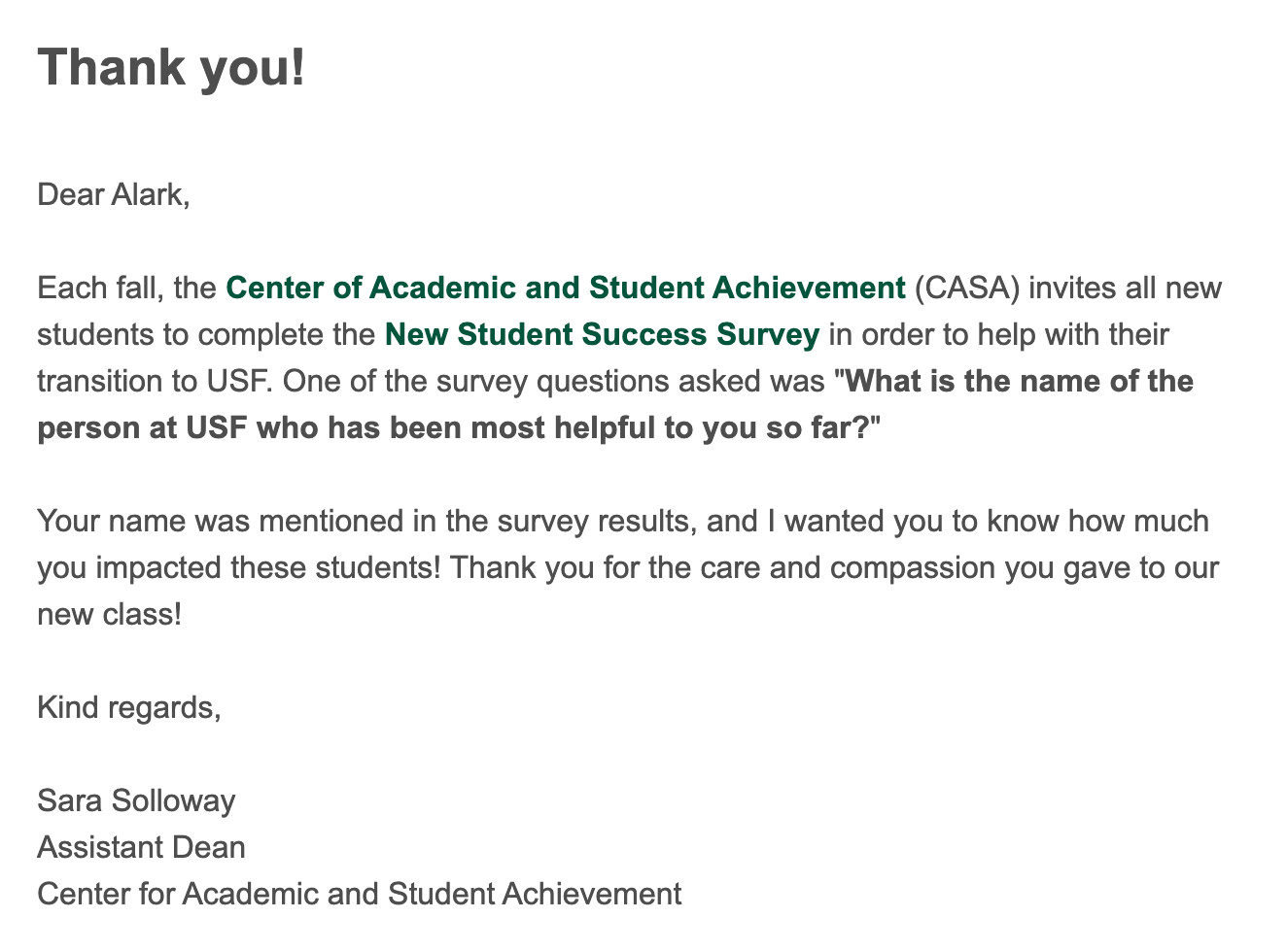 Email message thanking Alark Joshi for helping new students transition to USF.