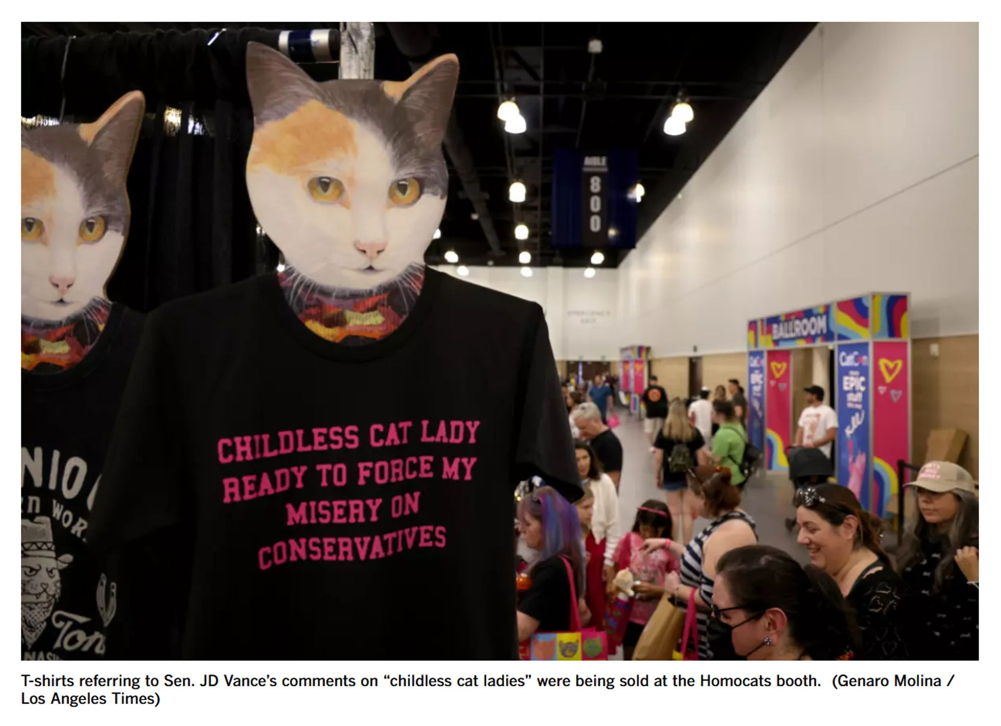 T-shirts referring to Sen. JD Vance’s comments on “childless cat ladies” were being sold at the Homocats booth.
(Genaro Molina / Los Angeles Times)