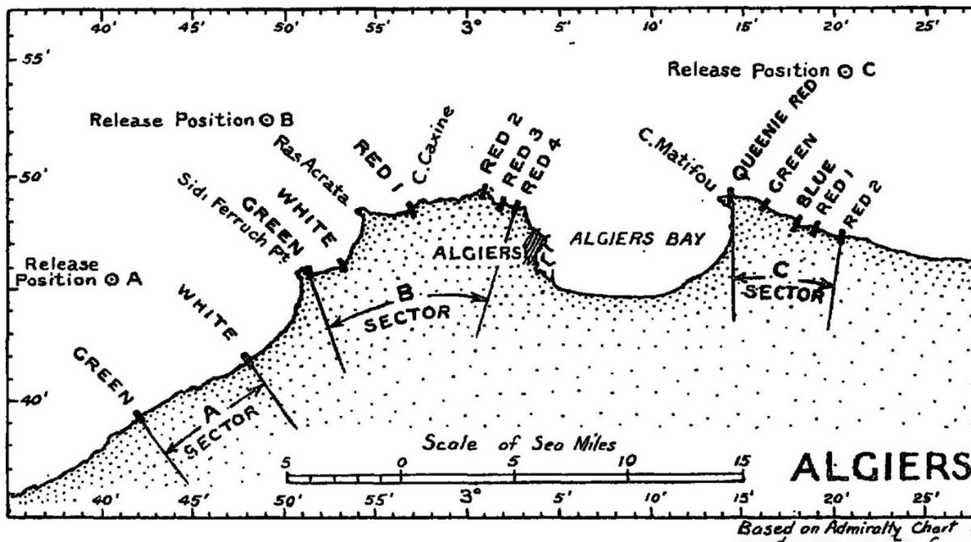 Sketch map of the Operation Torch landings at Algiers, reproduced from Admiral Andrew Cunningham’s post-operation report which was published in the London Gazette.