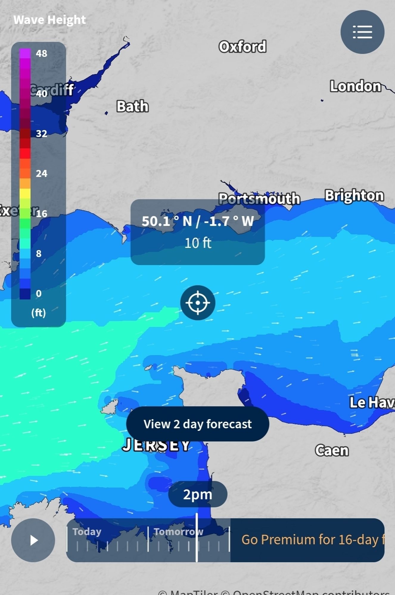 Diagram showing predicted 10-feet waves in the English Channel tomorrow between Poole and Cherbourg.