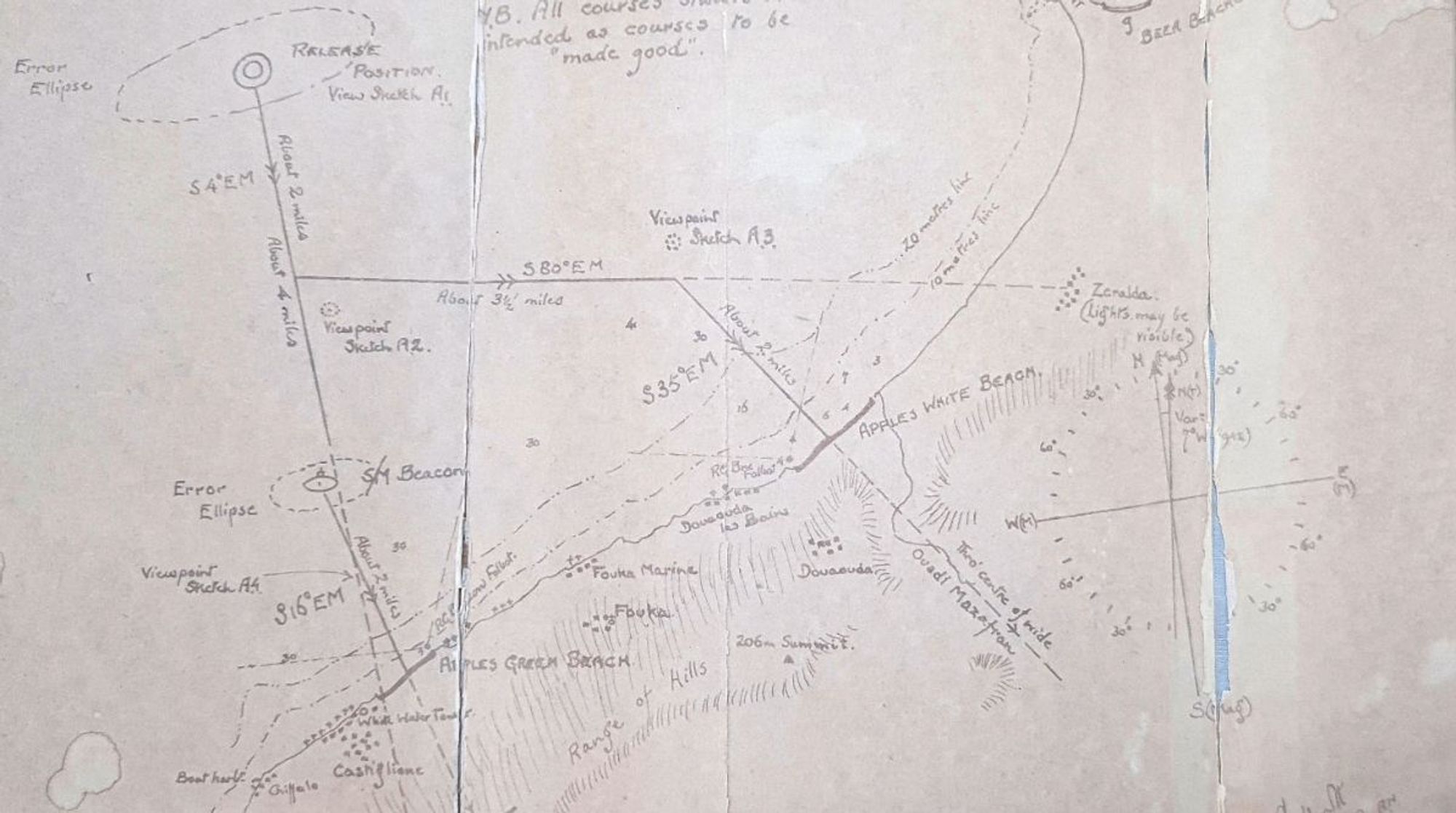 Sketch map produced by Party Koodoo showing their proposed approach routes for landing craft to the Apples Green and Apples White beaches that would be used during the Operation Torch landings. Both approach tracks originate from the same release position. A proposed location for a submarine beacon is shown on the Apples Green approach. 