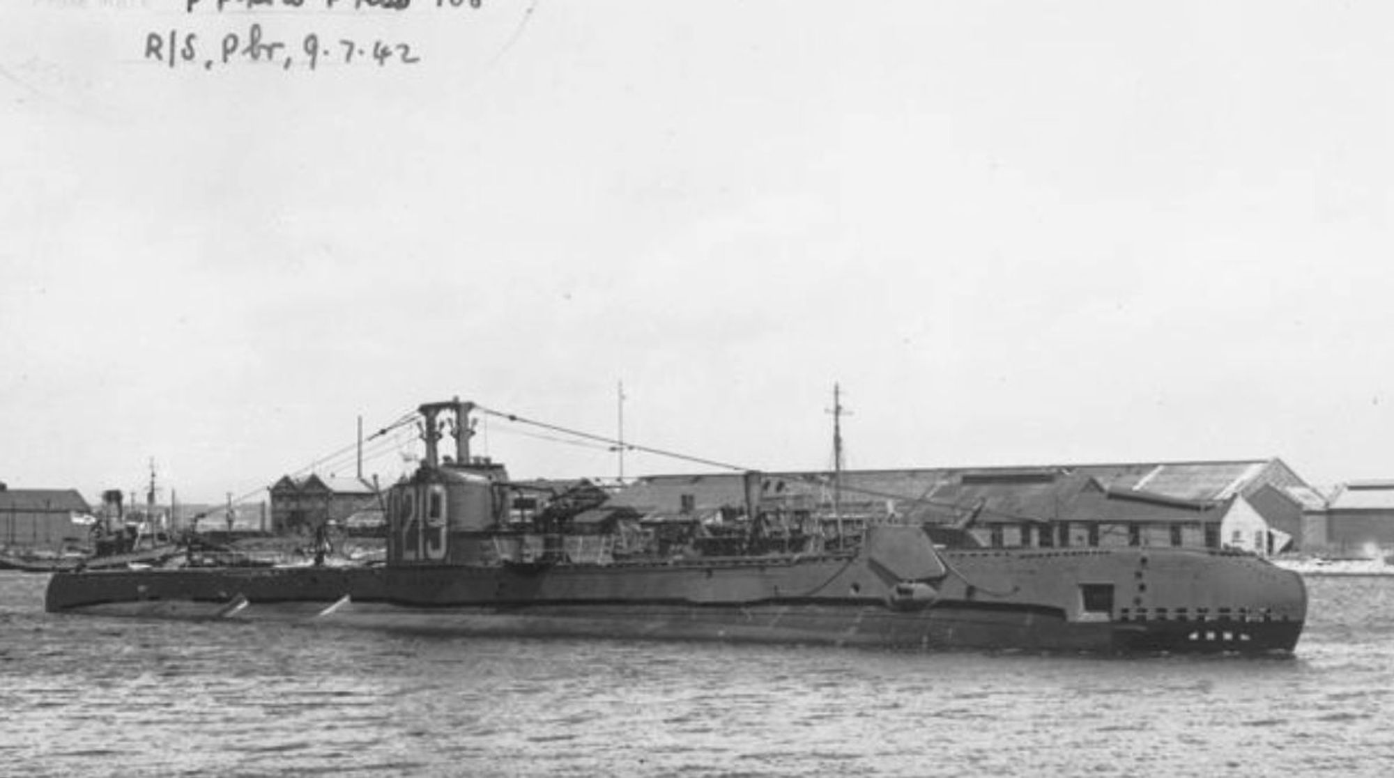 Submarine HMS Seraph on the surface, with its original number (P.219) painted on its conning tower.