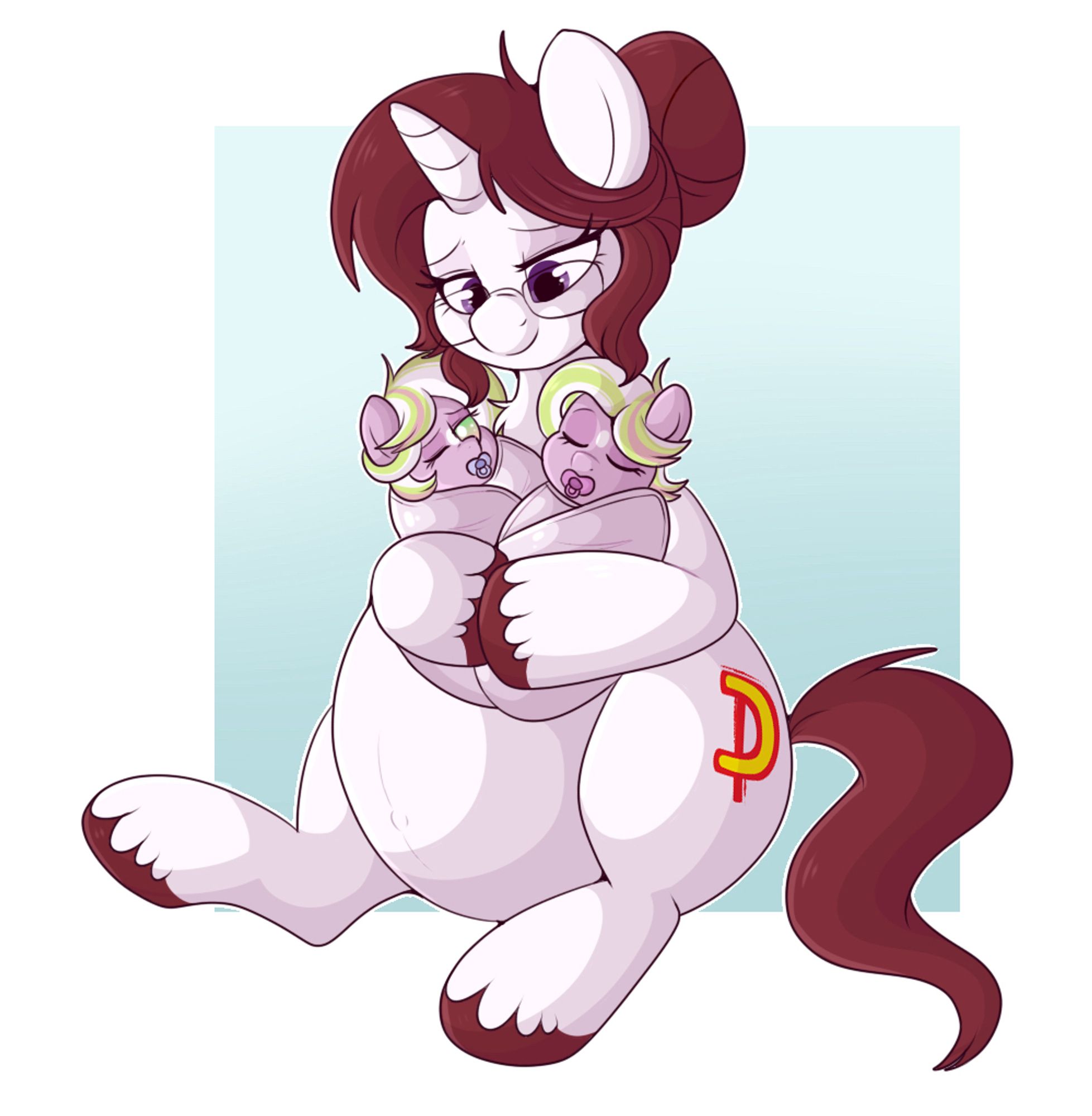 A drawing of a white pregnant unicorn mare. Her hair is a brick red and done up in a bun. She is wearing glasses. In her arms she is hiding her twins. Both are bundled in a pink blanket and have pacifiers.