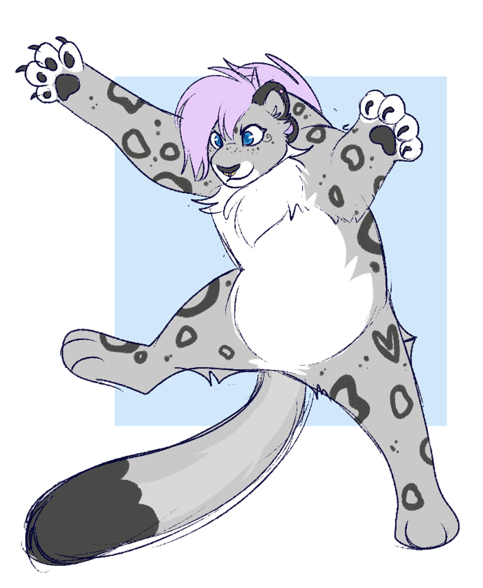 A photo draw over of my snow leopard fursona with their paws wide open and in a funny stance that makes them look like a star.