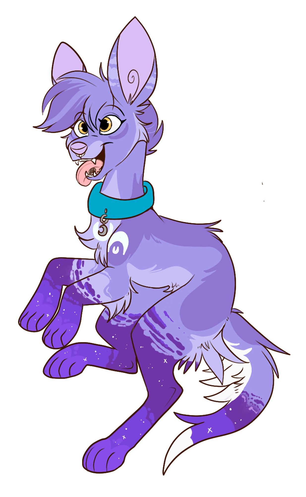 A drawing of a sight hound mix. It is predominately light purple with darker purple cloudy markings on its legs and tail. It also has yellow eyes.  It’s wearing a teal collar with a Moon charm.