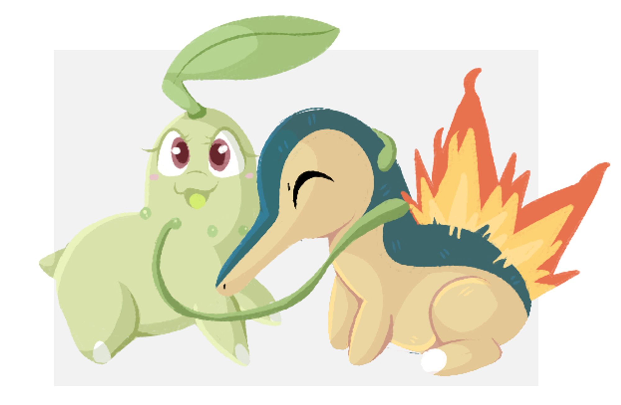 A lineless drawing of a chikorita hugging a cyndaquil with her vines