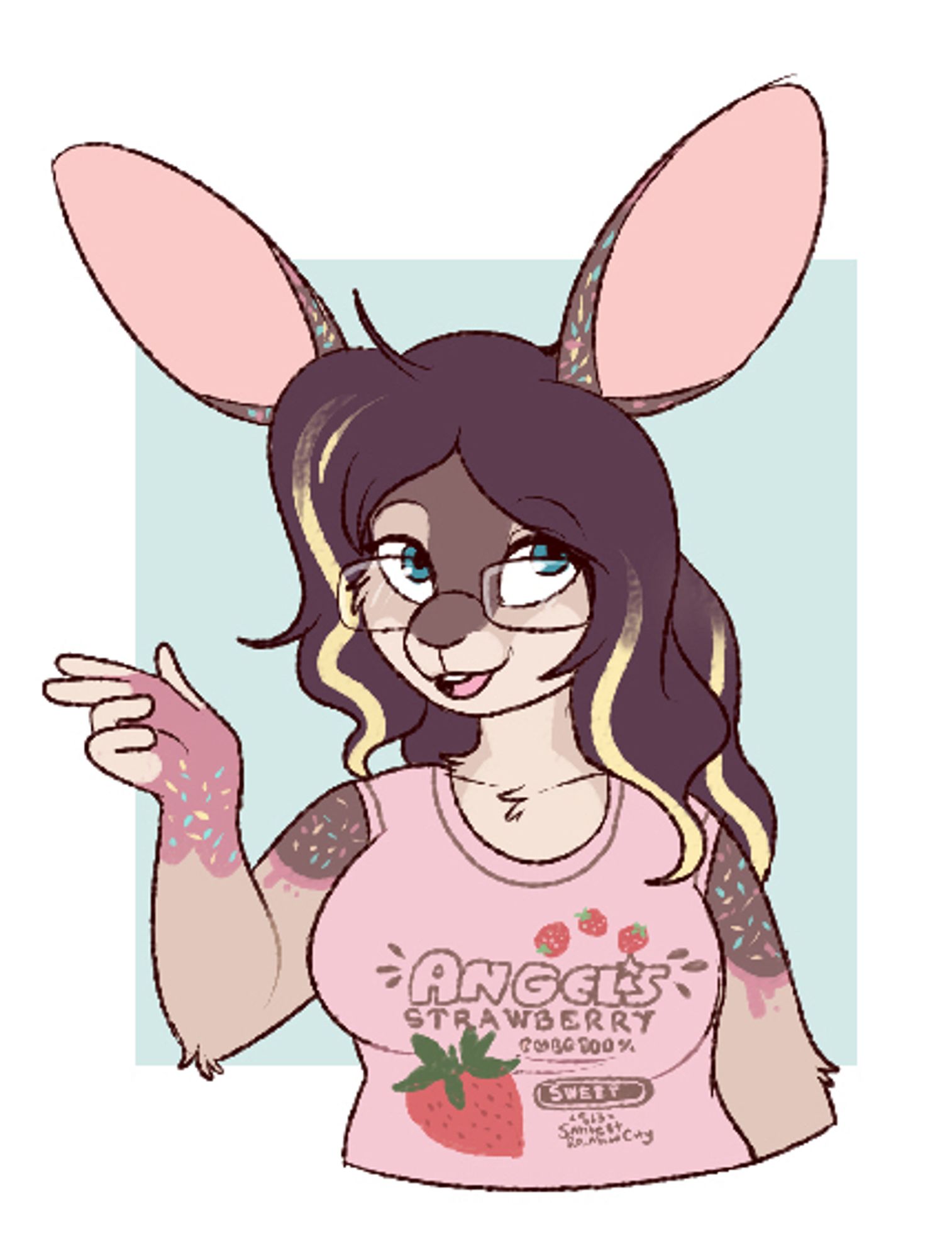 A drawing of an anthro bunny wearing a pink top with a strawberry on it.