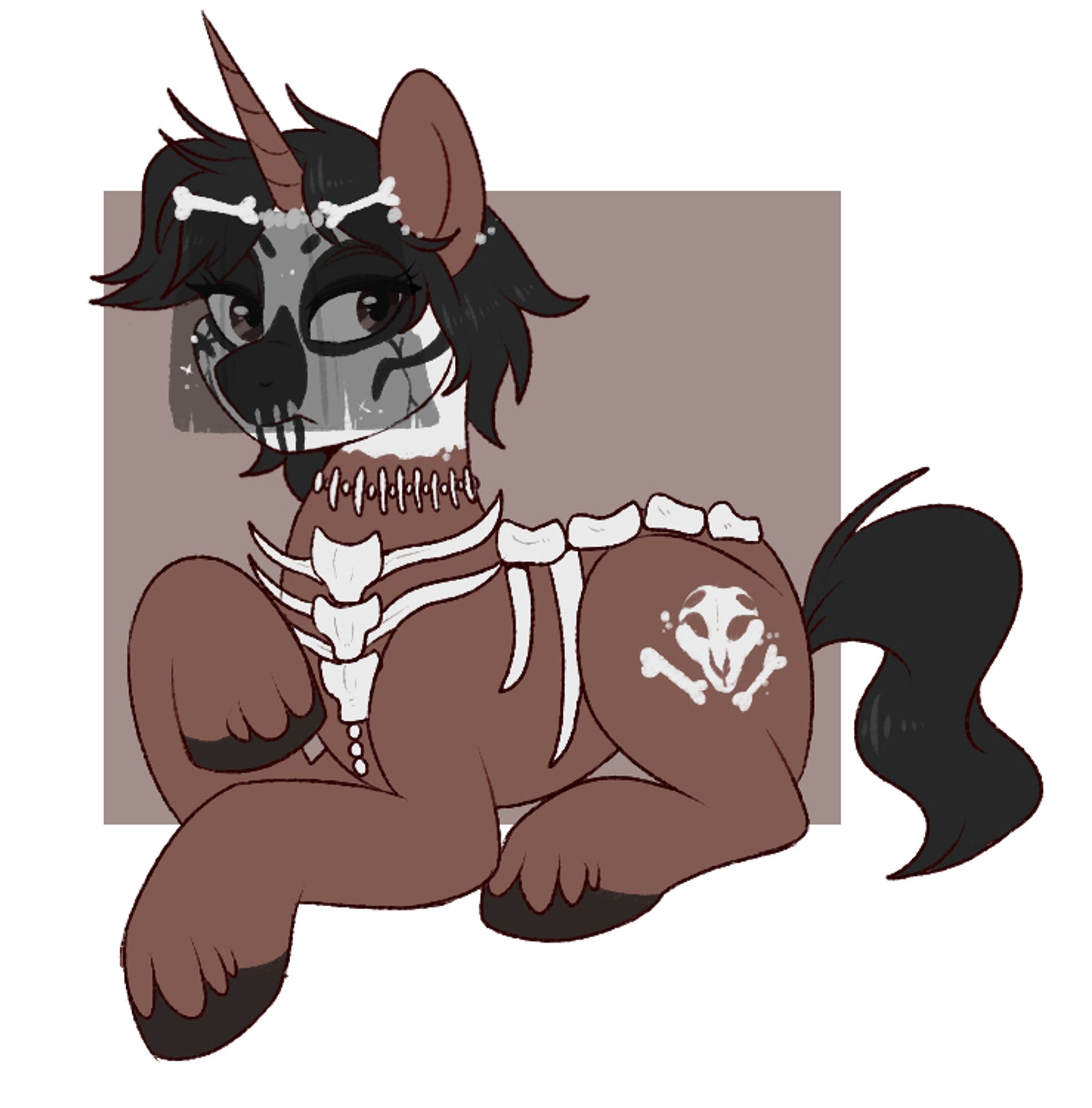 A drawing of a brown pony with black mane. She is wearing a corset of bones and a black veil.