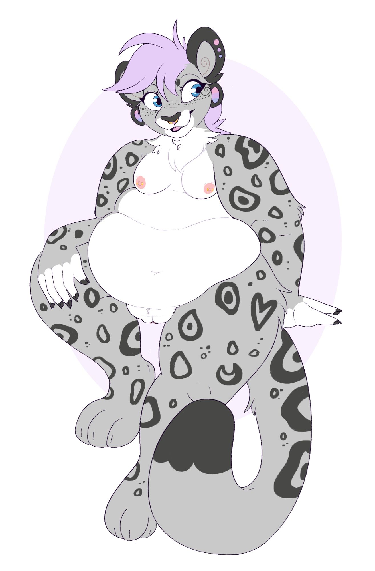 A drawing of a naked fat snow leopard character sitting with one leg extended. Their left hand rests on their thigh.