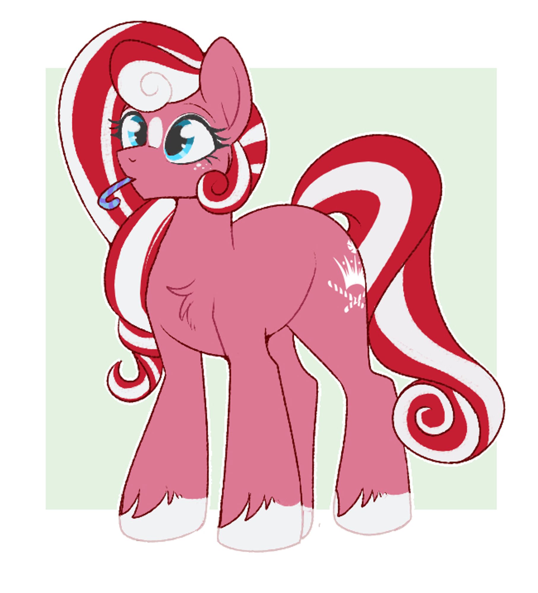 A drawing of Princess Peppermint, a g3 pony. In her mouth is a blue and purple striped candy cane.She is an earth pony. Her fur color is a muted red, and her mane is a more vivid red streaked with white (much like a candy cane). She has blue eyes, white hooves an a white blaze and freckles. Her cutie mark is a crown with a snowflake above it. Below the crown are two crossed peppermint sticks.