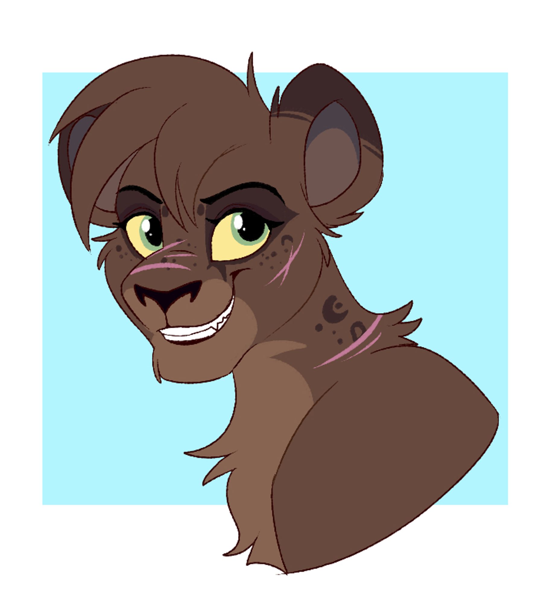 A headshot drawing of a dark brown lioness with a turft of hair covered with pink scars.