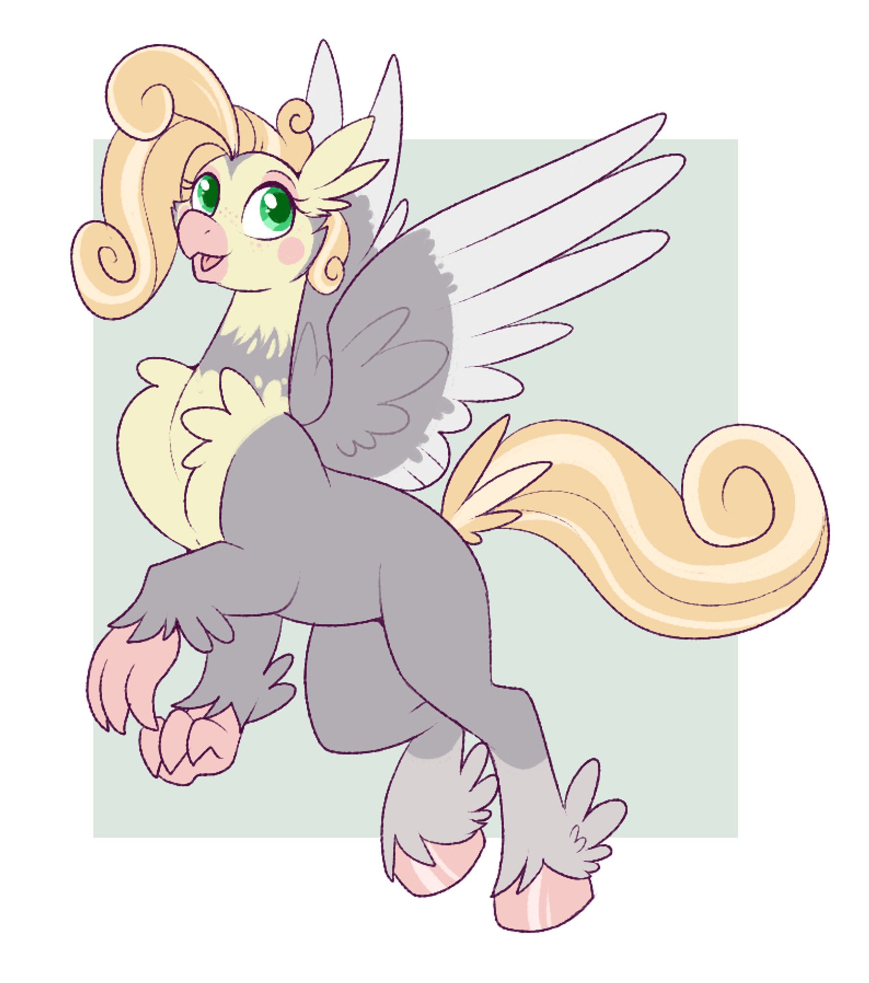 A drawing of a hippogriff rearing up. her design based on a cockatiel.