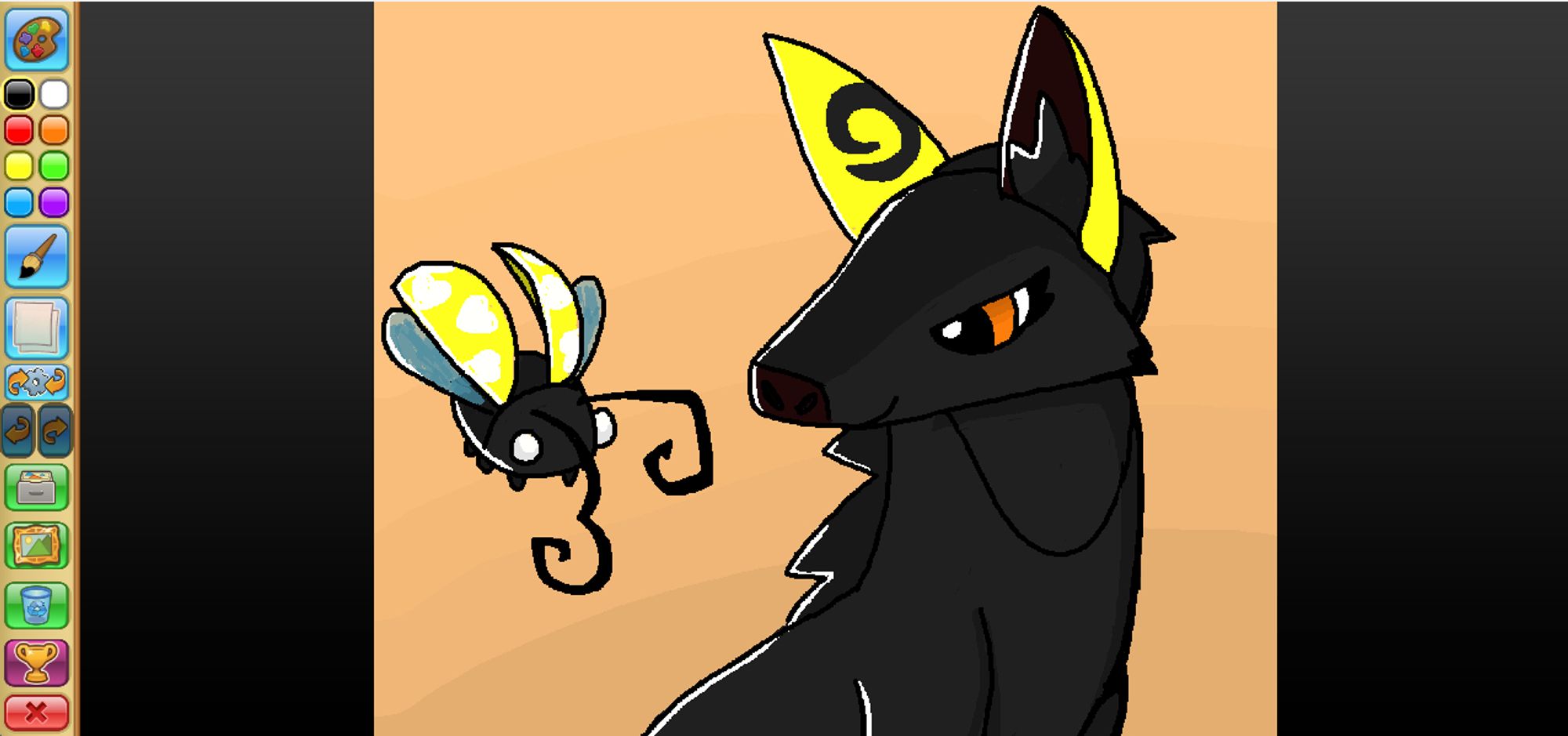 Screenshot of an art piece on the animal jam's painting minigame. It's a drawing of a black maned wolf looking at a yellow lovebug.