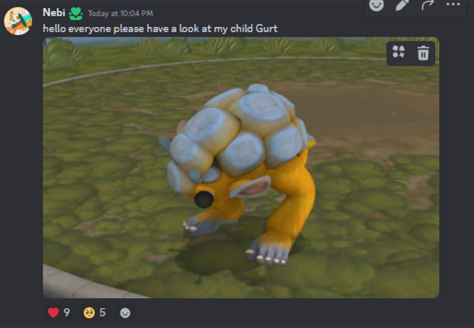 Discord screenshot
User Nebi: hello everyone please have a look at my child Gurt
Image attached of a spore creature, it is round, yellow, has two stubby legs with human feet, googly eyes and a blue shell covering most of it's upper body
Message got reacted with nine heart emojis and five teary eye emojis