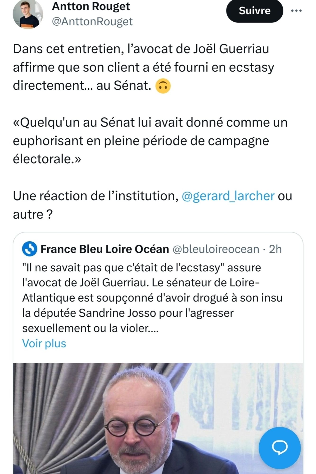 Capture d'écran du tweet de Anton Rouget sur l'affaire Guerriau