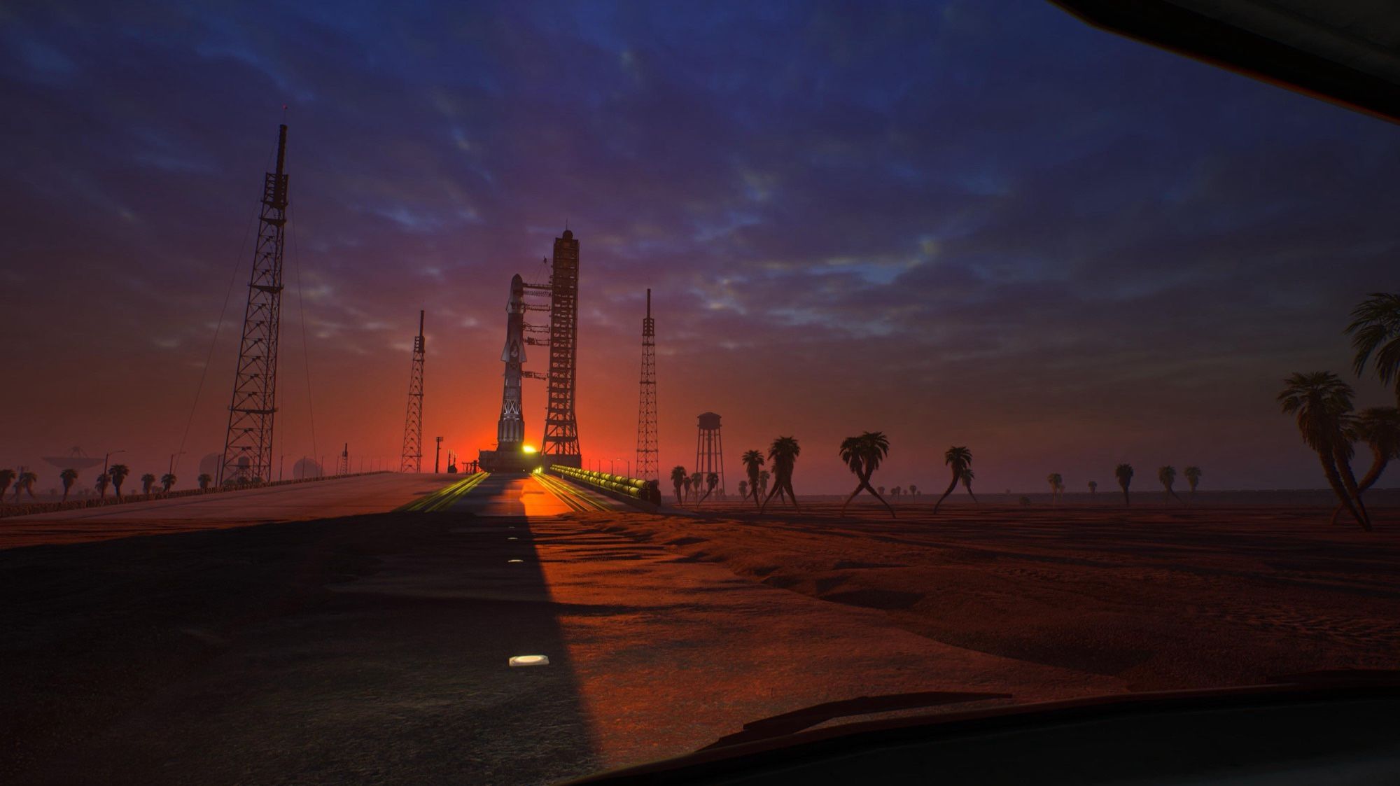 Space shuttle is waiting in a desert area for takeoff to Mars. In the back, the morning sun is rising.