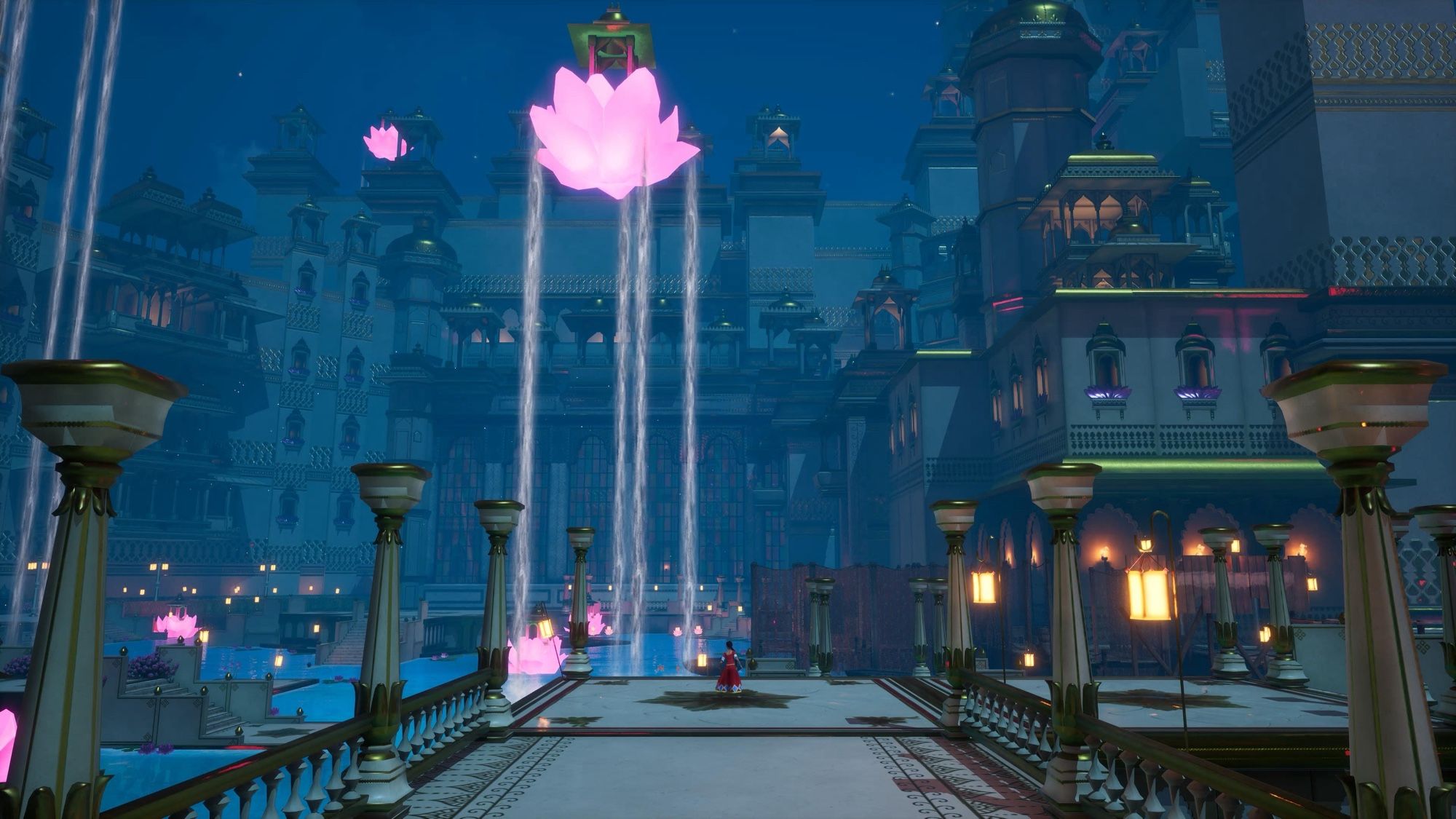 Screenshot shows a palace area by night with high walls and towers in the back, and columns and waterfalls from pink floating lilies in the front.