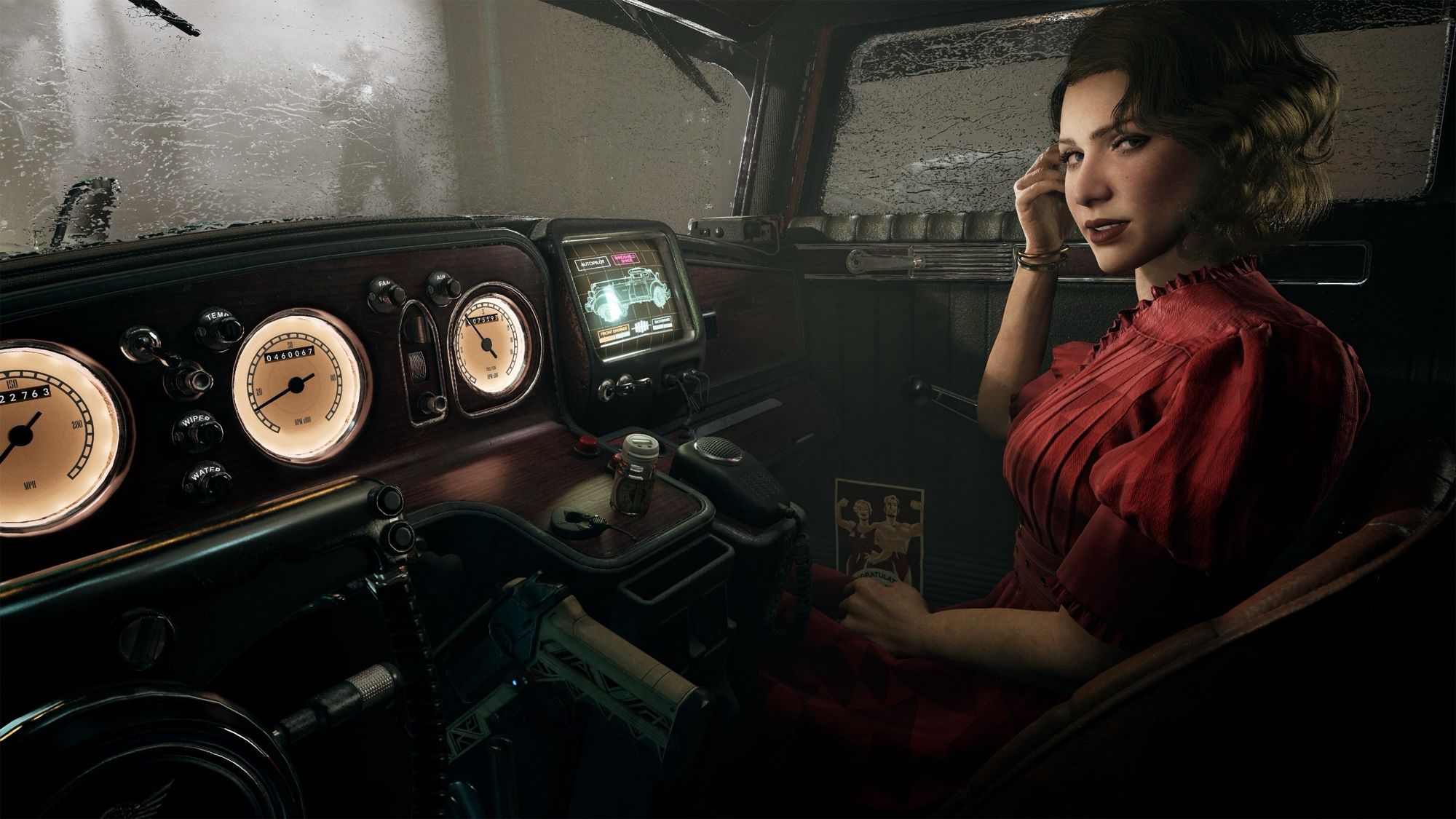 Woman in a red dress is sitting in a car, looking into the camera. It’s raining outside.