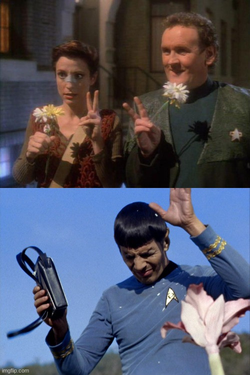 Major Kira and Chief O'Brien holding flowers in first panel. In second panel, Spock is reacting in a bad way to a flower.