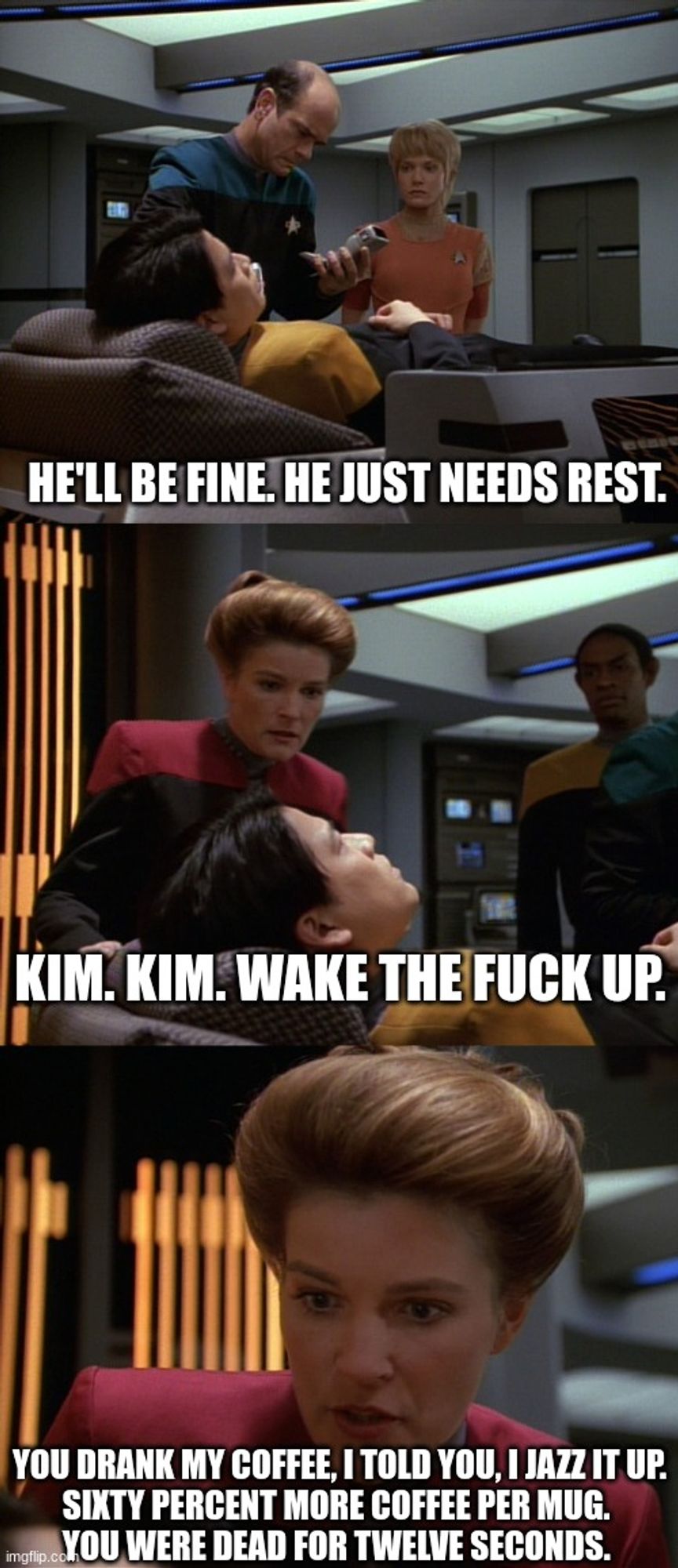 Three panels. Kim's in sickbay. Janeway yells at him to wake up and berates Kim for drinking her coffee. It was jazzed up. Sixty percent more coffee per mug. Kim was dead for twelve seconds.