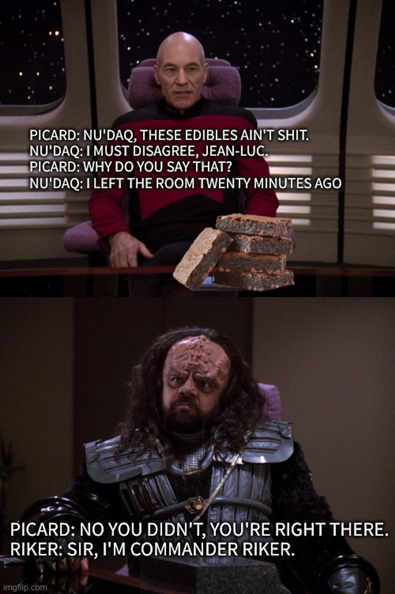 Picard gets high off special brownies and hallucinates Commander Riker is the Klingon Nu'Daq.