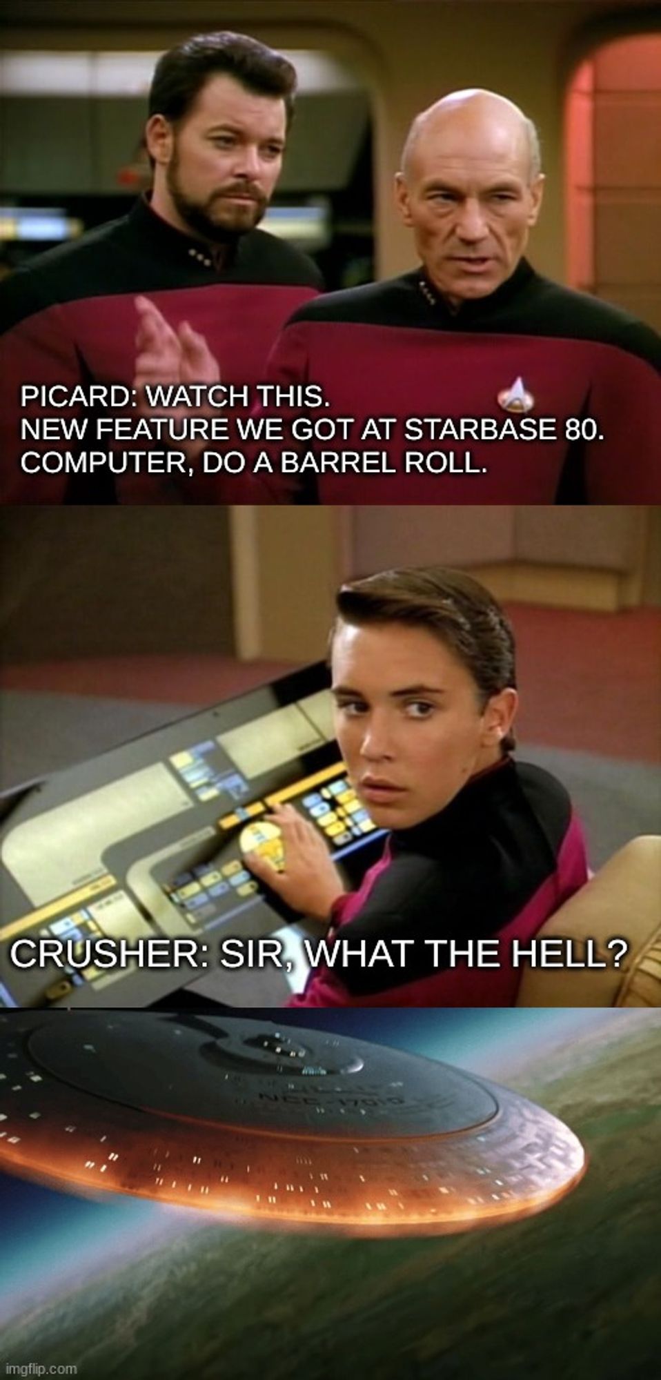 Picard had an automatic barrel roll option installed at Starbase 80. He forgot Crusher was driving and now the ship is crashing.