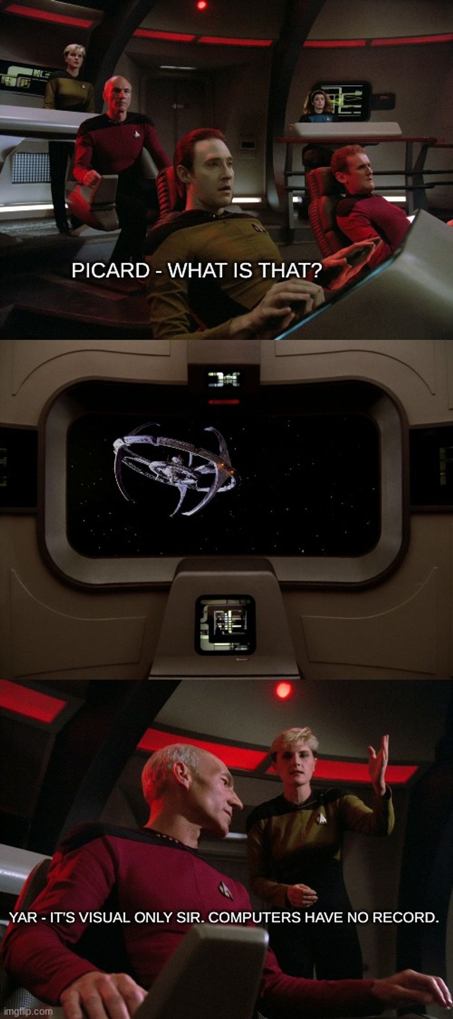 From the Star Trek episode 'Encounter At Far Point'. The Battle Bridge crew is seeing a strange visual only phenomenon on the screen and have no idea what it is. It's really space station Deep Space Nine and that's Miles O'Brien in panel one.