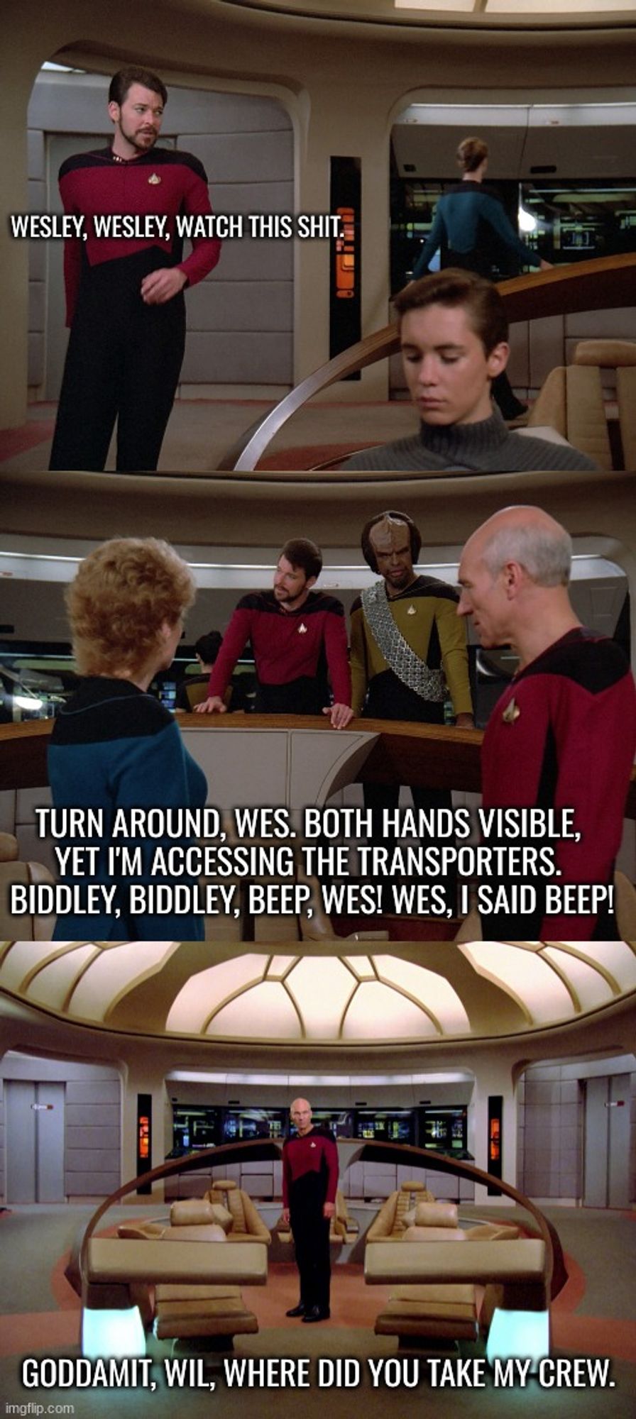 Panel One, Riker wants Wesley to watch this shit.

Panel Two, Riker's operating the transporter through Worf's console. With his dong. Riker's dong.

Panel Three, Picard is alone on the bridge because Riker transported himself and the bridge crew God knows where.