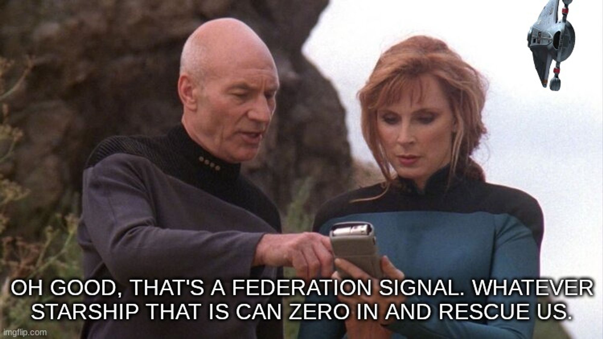 Picard and Beverly are lost and are relieved they contacted a Starfleet ship. They do not realize it is the USS Voyager and their problems have only begun.