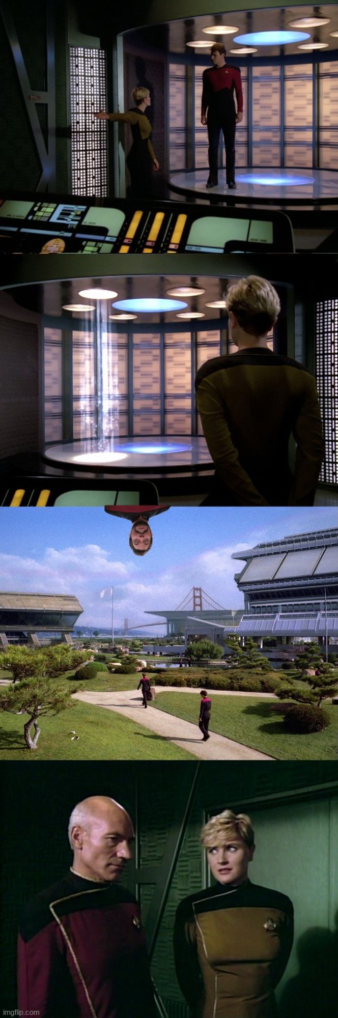 Four panels. First two, Tasha Yar beams Riker off the ship. Third panel, Riker is falling onto the grounds of Starfleet Academy. Fourth, Tasha and Picard are in dress uniforms. Both are in distress.