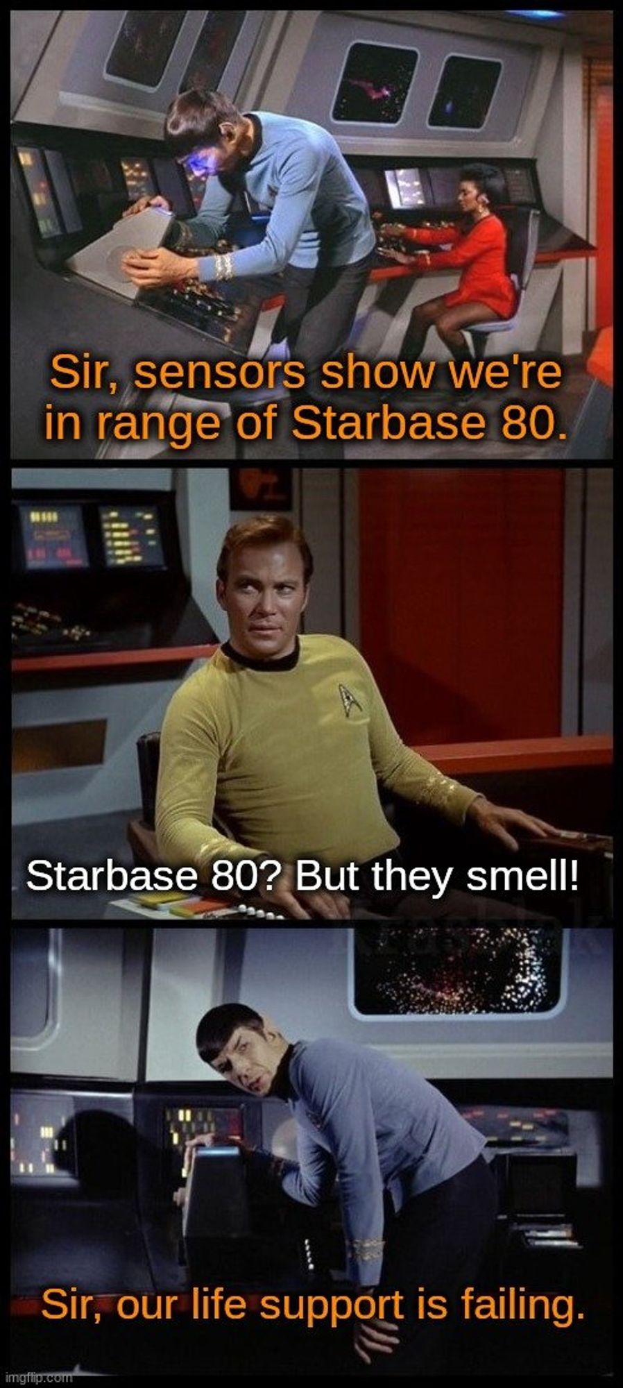 Three panels. Spock reports they are in range of Starbase 80. Kirk complains Starbase 80 smells (it does). Spock reminds Kirk their life support is failing.