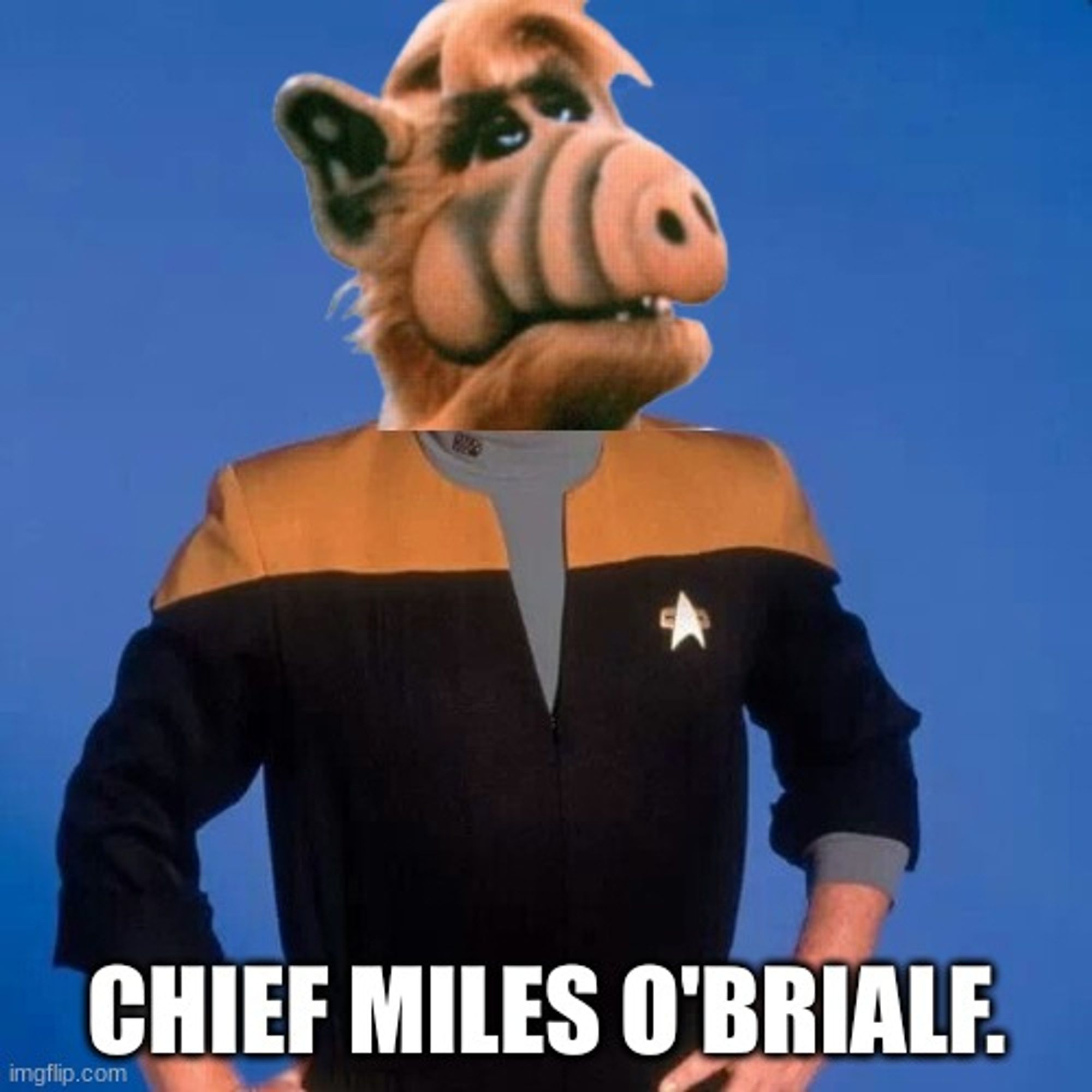 Chief O'Brien with Alf's head. Chief Miles O'Brialf.