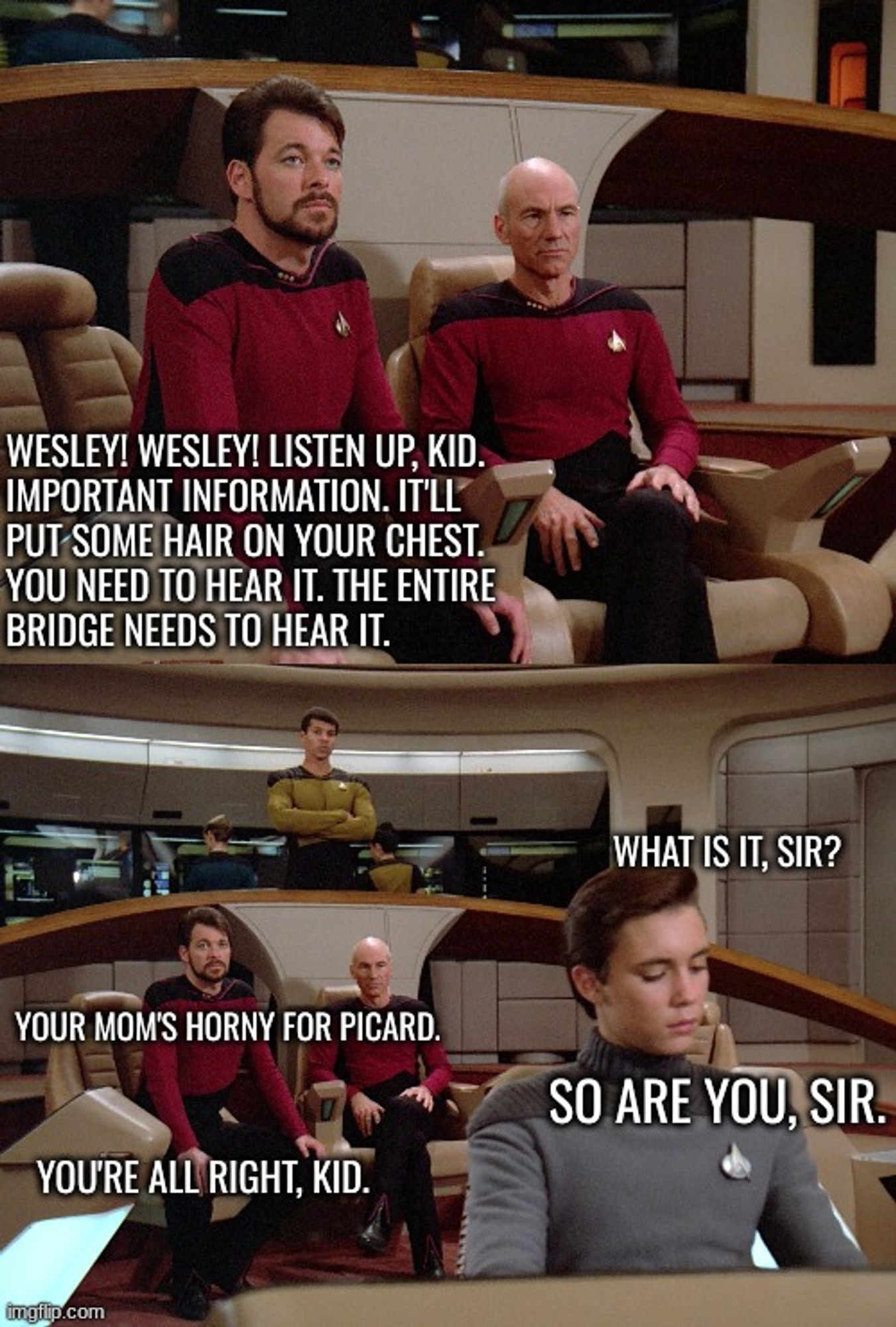 Riker: Wesley! Wesley! Listen up, kid. Important information. It'll put some hair on your chest. You need to hear it. The entire bridge needs to hear it.

Wesley: What is it, sir?

Riker: Your mom's horny for Picard.

Wesley: So are you, sir.

Riker: You're all right, kid.