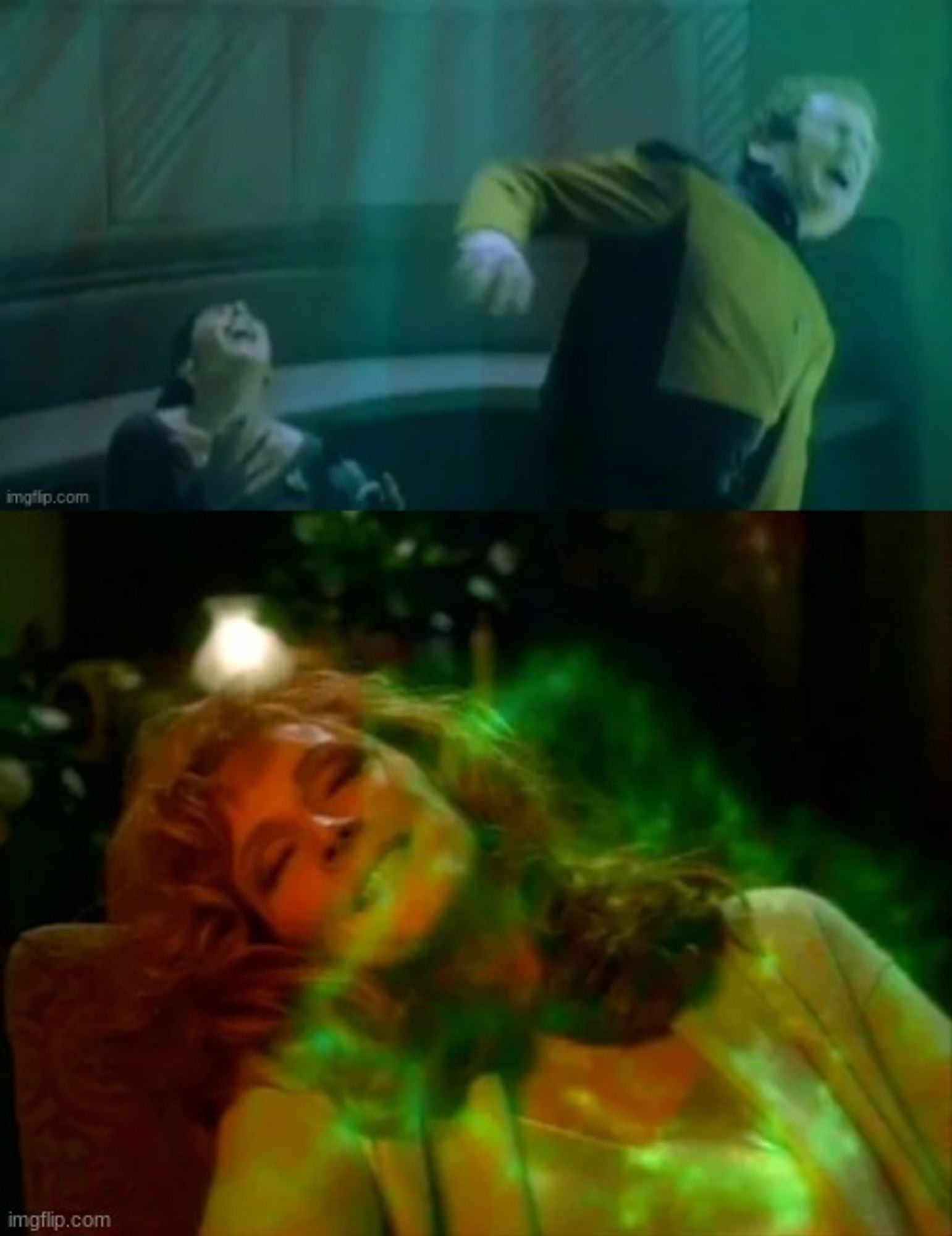 Troi and Miles screaming as green energy hits them. 

Second panel, Doctor Crusher enjoying green energy.