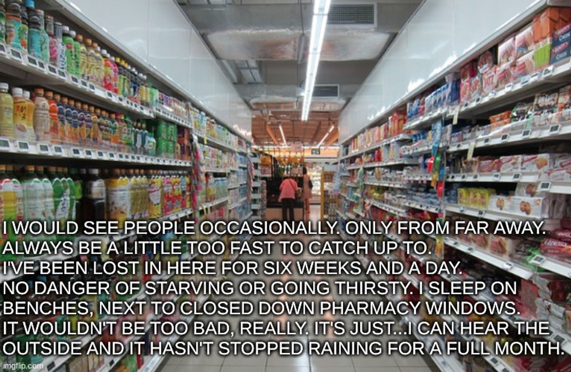 Creepypasta text over grocery store aisle pic: I would see people occasionally. Only from far away. Always be a little too fast to catch up to. I've been lost in here for six weeks and a day. No danger of starving or going thirsty. I sleep on benches. Next to closed down pharmacy windows. I wouldn't be too bad, really. It's just...I can hear the outside and it hasn't stopped raining for a full month.