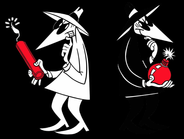 Spy-vs-spy from MAD magazine. On the left side is the white spy holding a dynamite bar with an evil smile; on the right side the black spy holding a bomb with an evil grin.