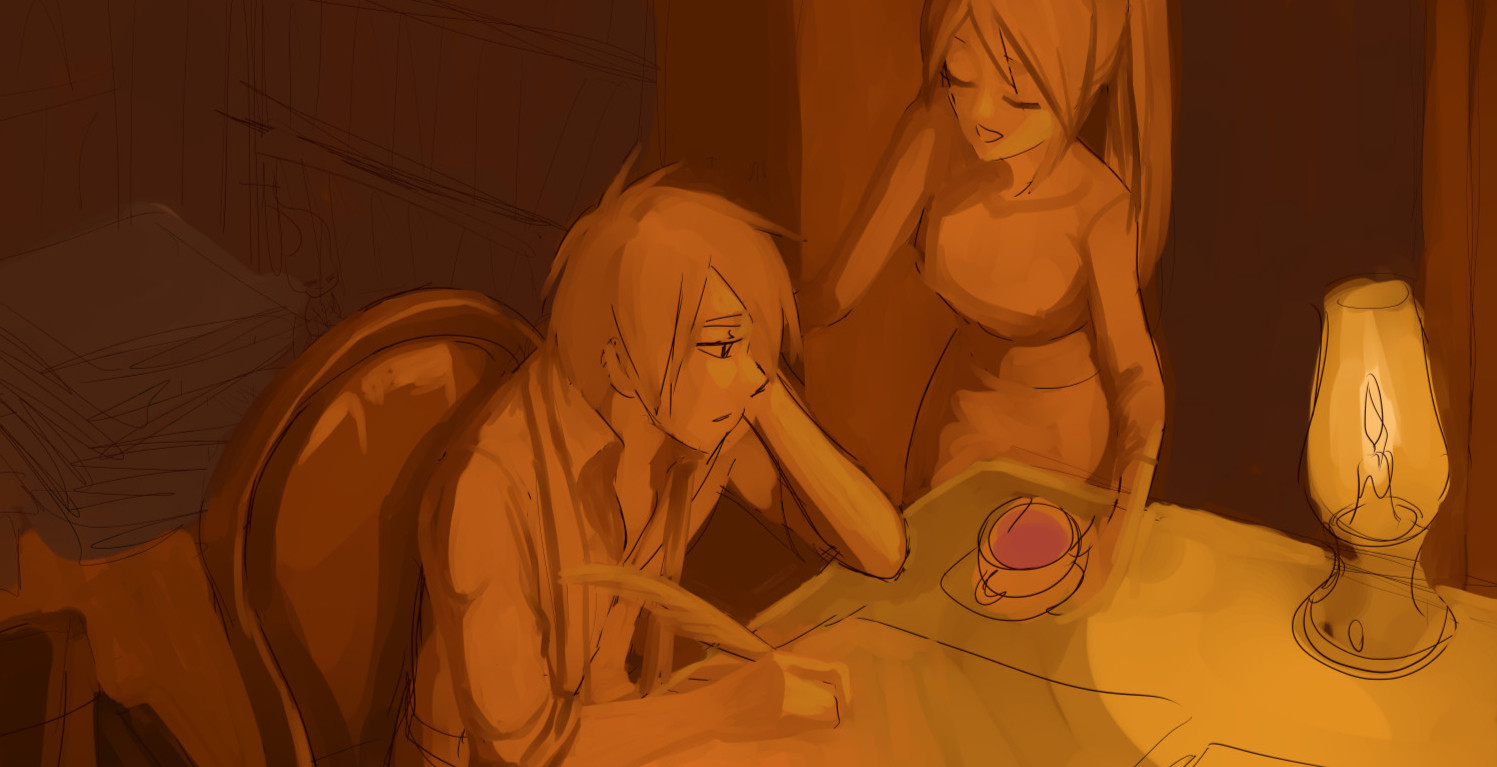 Brown incomplete digital painting. Jeremy (a copper hair blue eye young man in his 20s wearing white shirt, untied) is tired from working on all the paper documents, disrupted by Rose dishing a cup of tea to him in his study room.