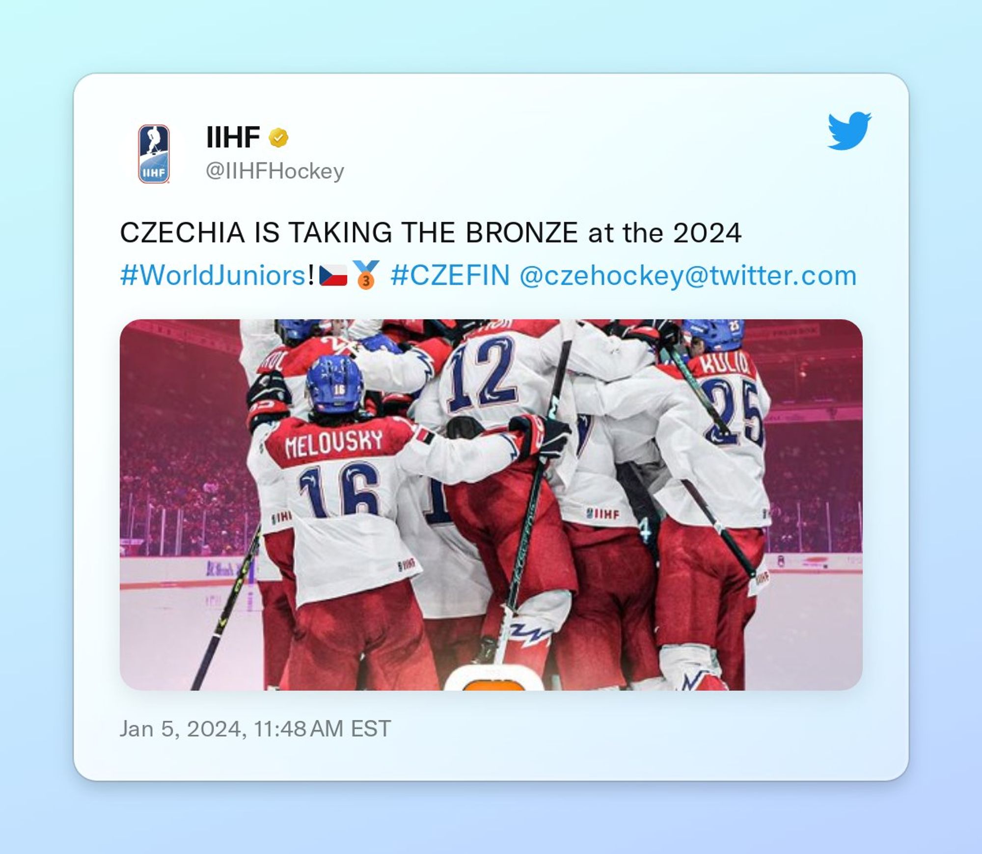 CZECHIA IS TAKING THE BRONZE at the 2024 #WorldJuniors!🇨🇿🥉 #CZEFIN @czehockey https://t.co/o4nQSmAOhK