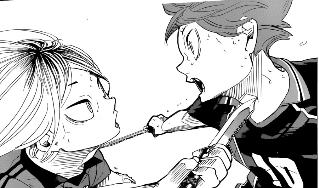 A panel from the manga Haikyuu!!! with Kenma Kozume and Hinata Shoyo holding knives at each other's throats