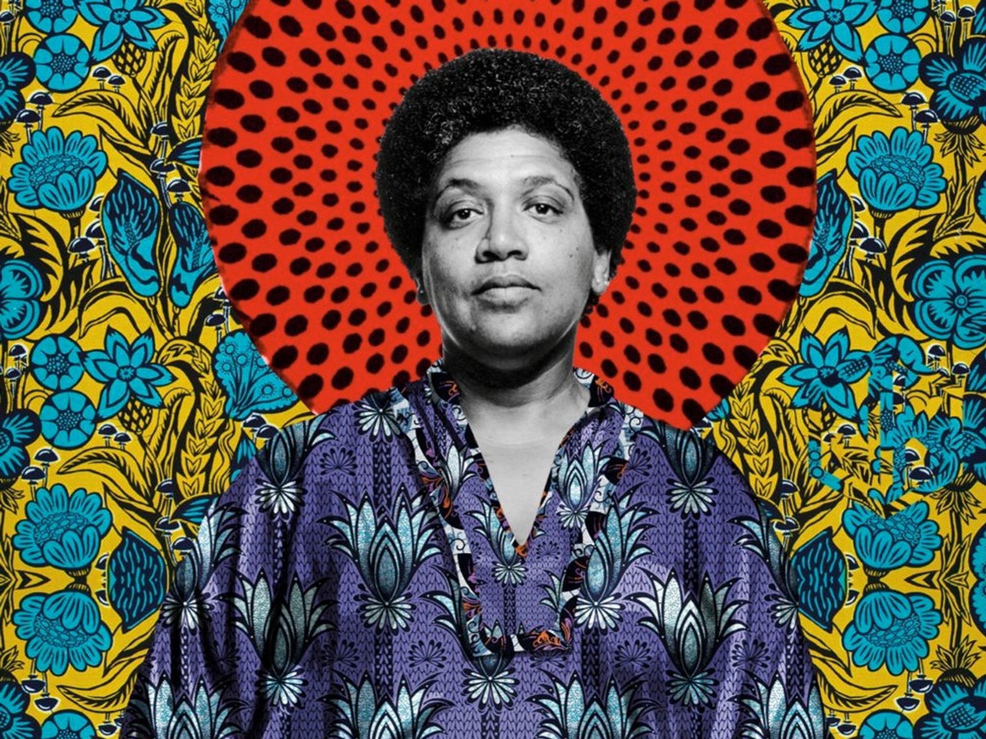 photo of Audre Lorde
surrounded by yellow & blue florals, with a halo of red & black dots