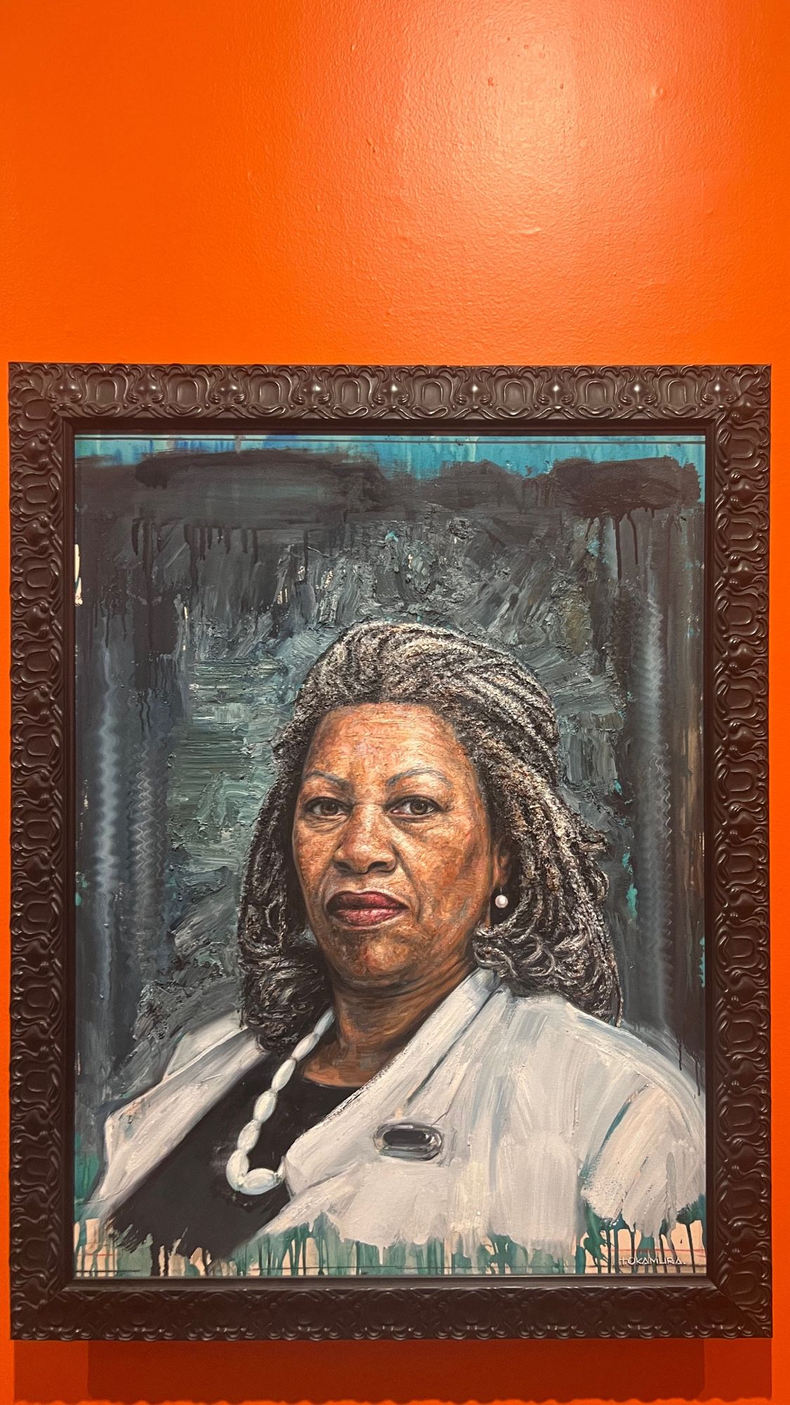 portrait of Toni Morrison 
oil, graphite on canvas 
against a bright orange wall