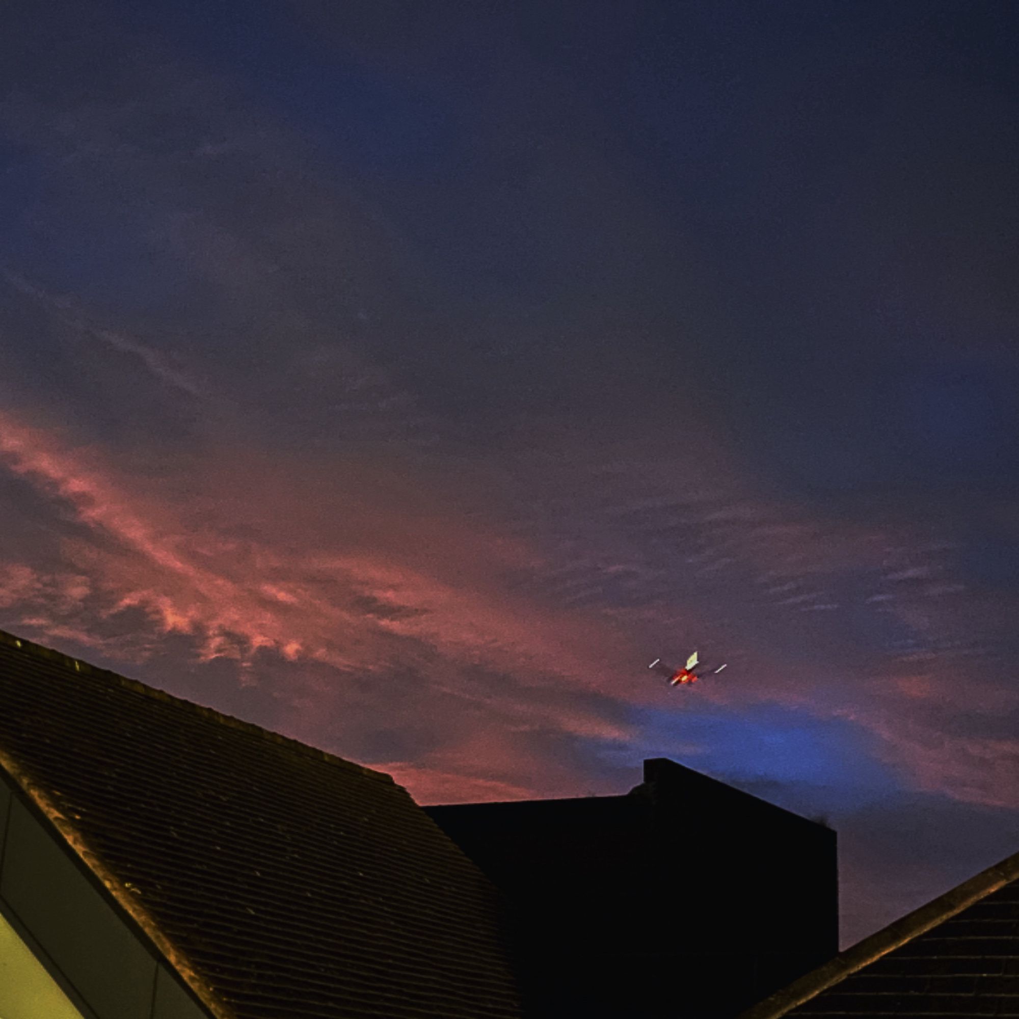 Over rooftops, the dark pre-dawn sky, with pink-purple clouds reflecting the sun before it rises. In the sky, a (slightly blurry) plane - a Japan Airlines 787 - on final approach into Heathrow