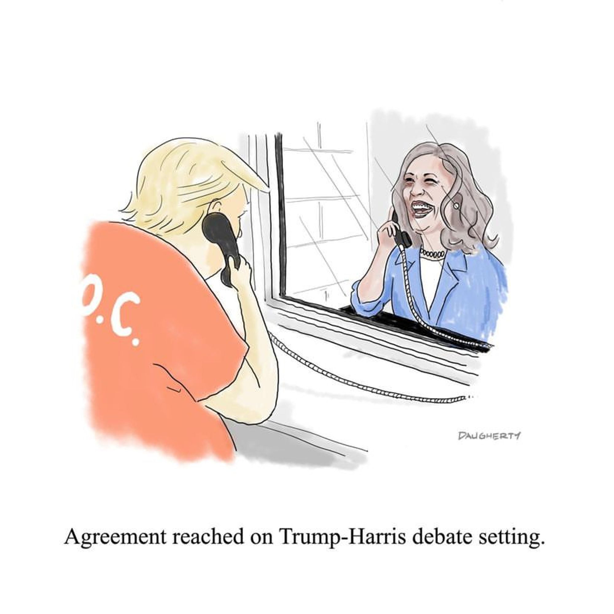 Cartoon.

Kamala Harris visiting Trump in prison, talking to him through glass via one of those visitor phones.

Caption:

"Agreement reached on Trump-Harris debate setting."