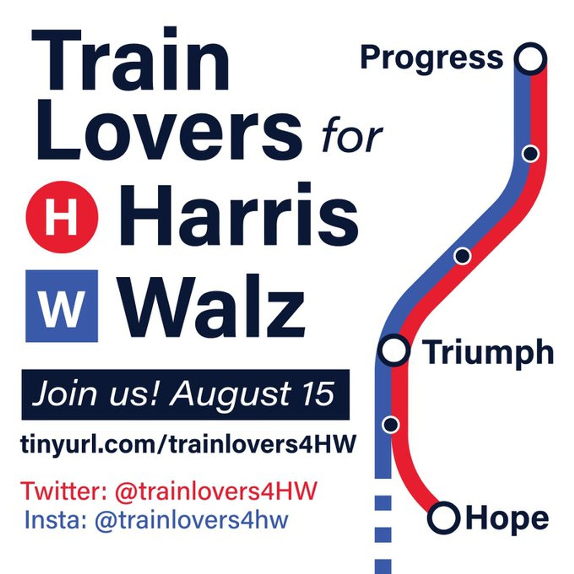 Train Lovers for Harris / Walz promotion poster with train map-type graphic