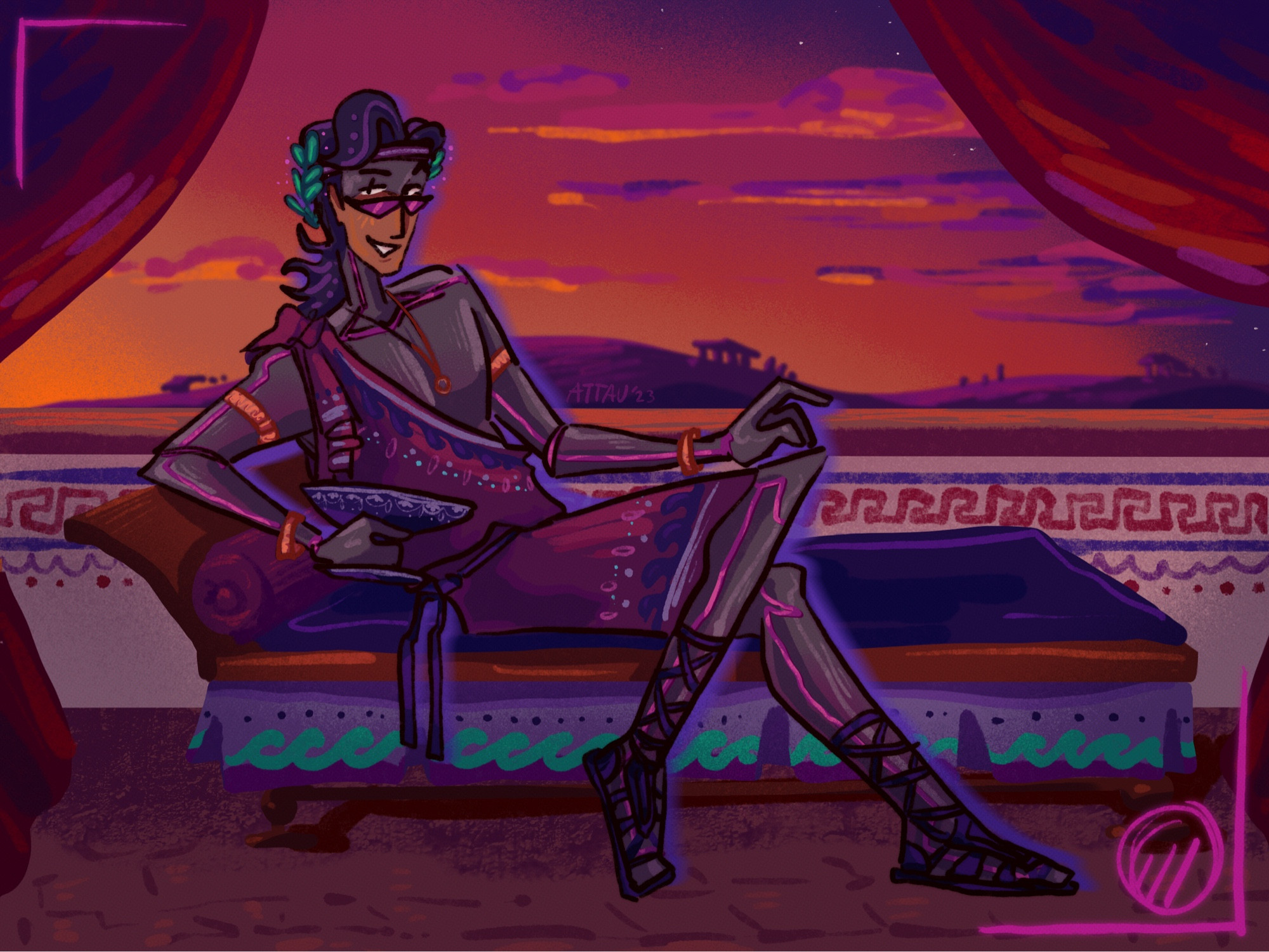 pacesetter from toontown corporate clash lounging on a kline (ancient greek couch) with a kylix in hand, the time of day is sunset