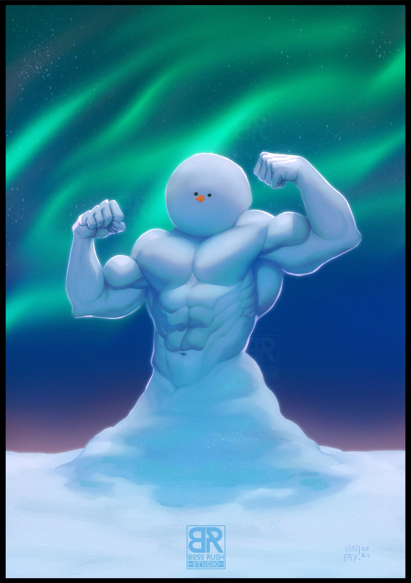 Jacked Frost painting. He's a very muscular snowman emerging from the snow. he has a very little face