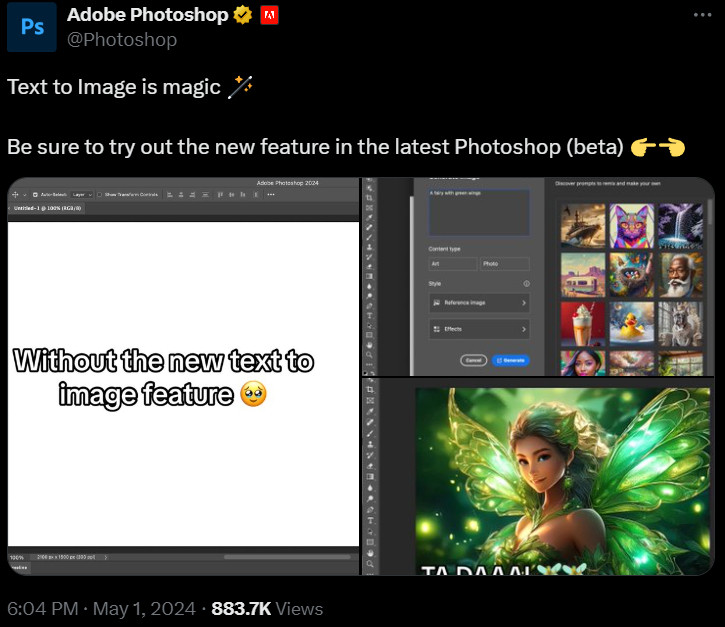 adobe advertising their text to image bullshit, showing how you can just type what you want and it'll generate images (using stolen data)